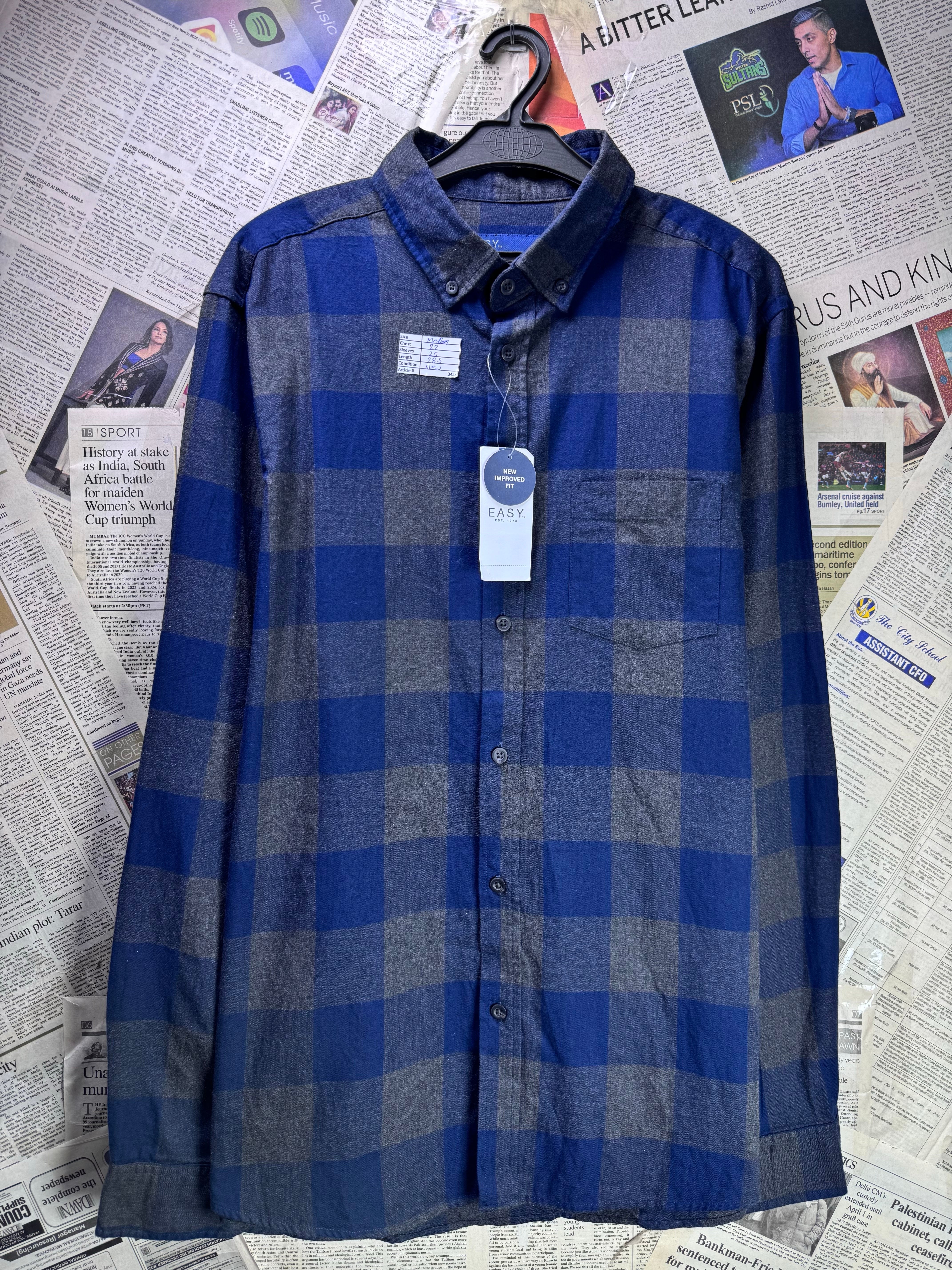Easy® Medium | Chest: 22" | Blue & Grey Check | Shirt | Cotton | 3482 - Genuine Maal