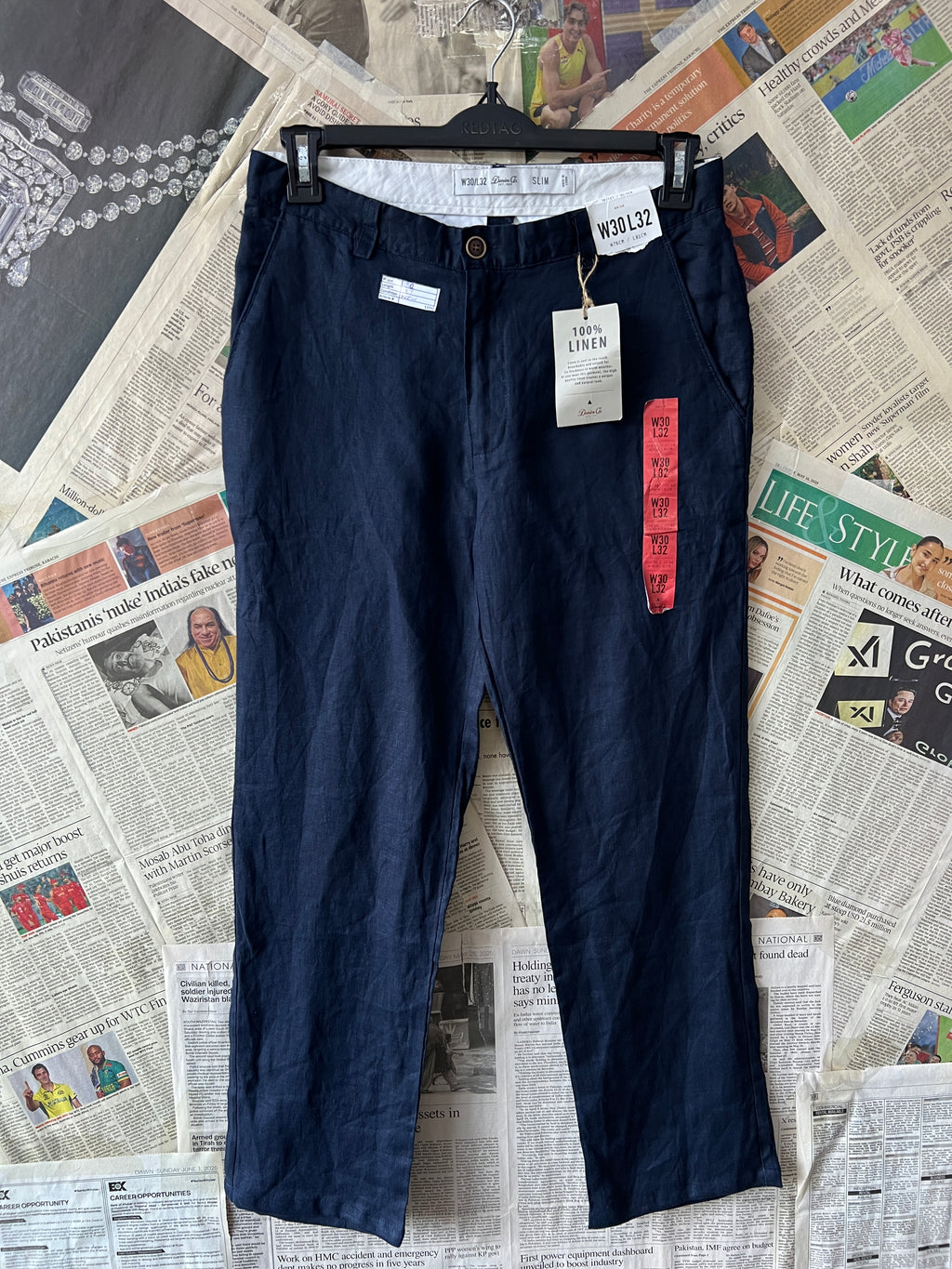 Denim Co.® Waist: 30" | Navy Blue | Pants | 100% Linen | 1104 - Genuine Maal