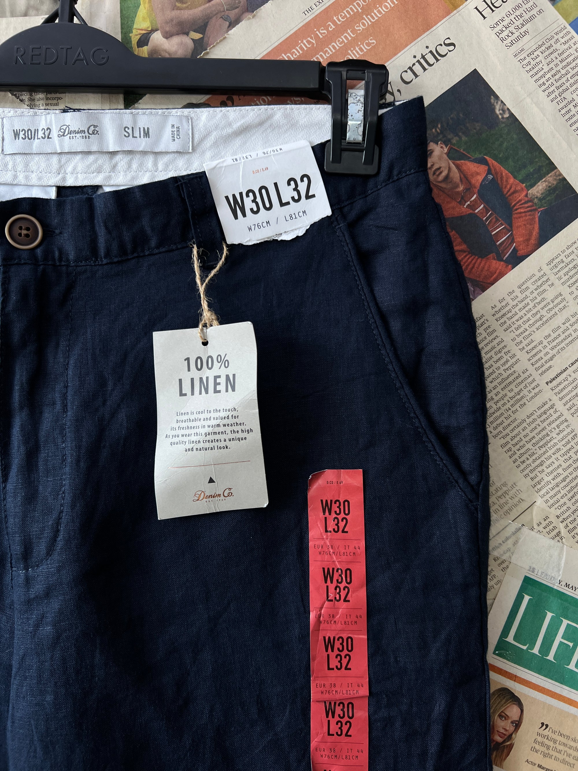 Denim Co.® Waist: 30" | Navy Blue | Pants | 100% Linen | 1104 - Genuine Maal