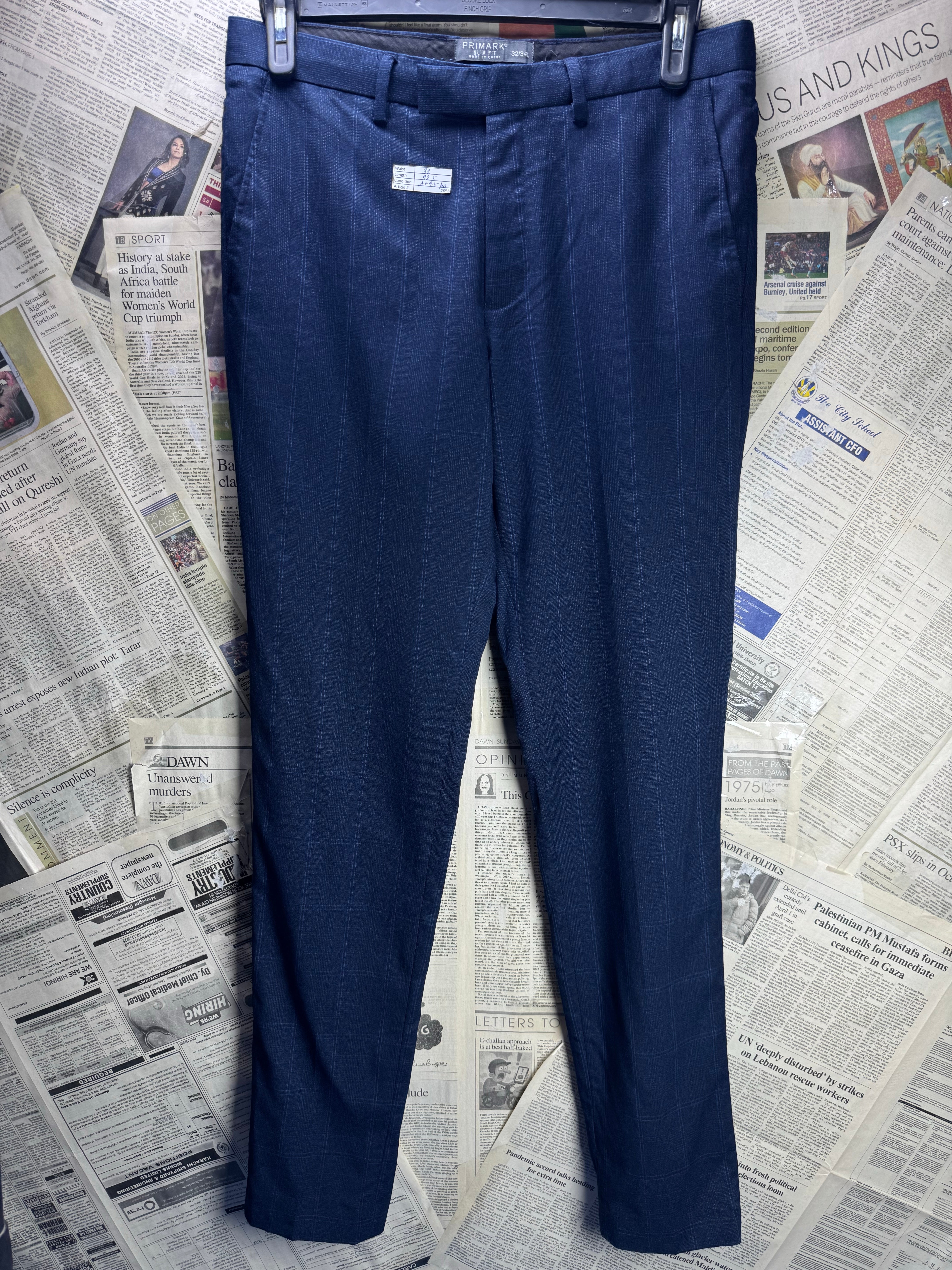Primark® Waist: 32" | Blue Check | Slim Fit Dress Pants | Poly - Viscose | 2697 - Genuine Maal