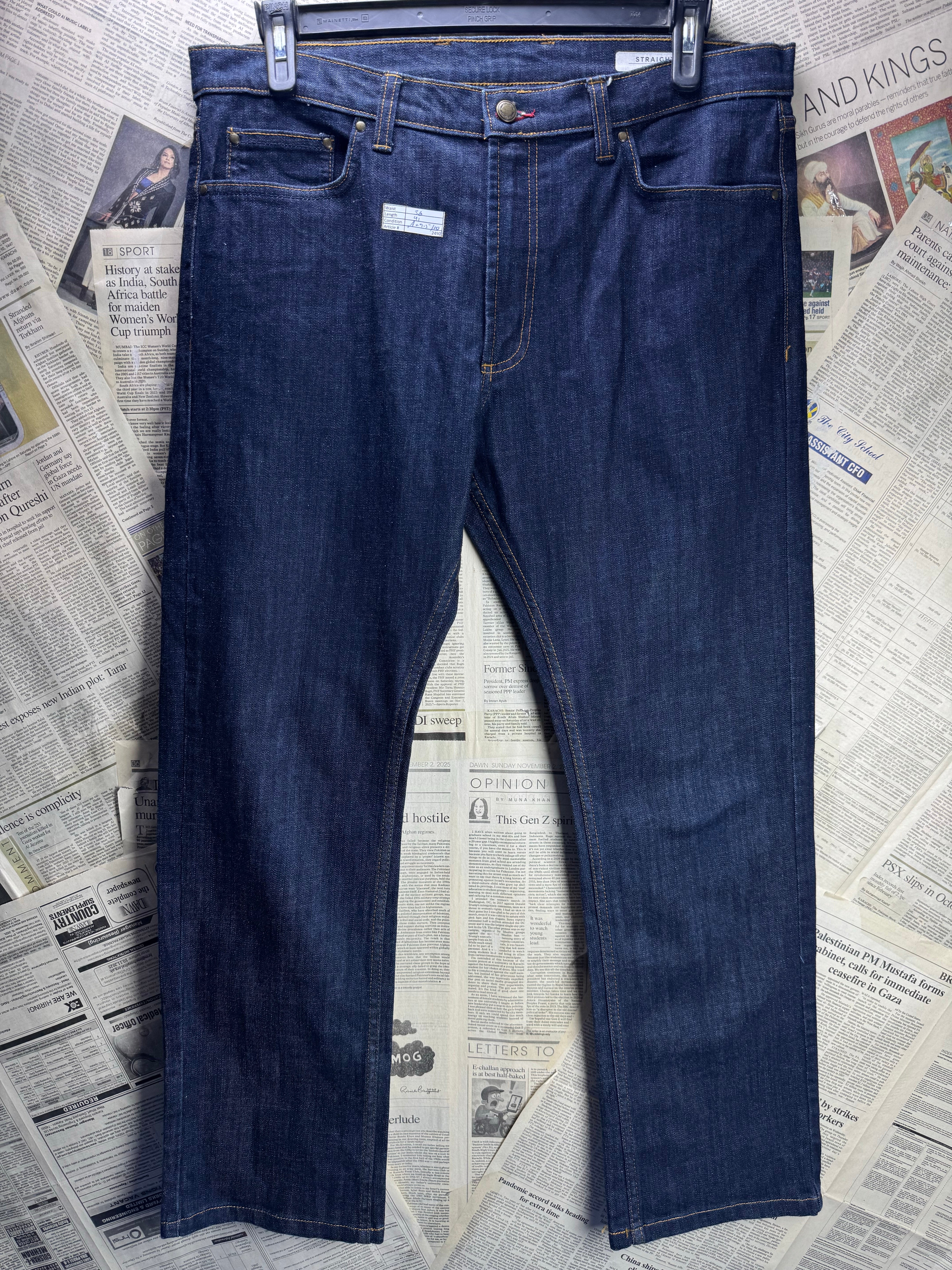 M&S® Waist: 36" | Blue | Straight Fit Denim Pants | Cotton - Elastane | 2490 - Genuine Maal