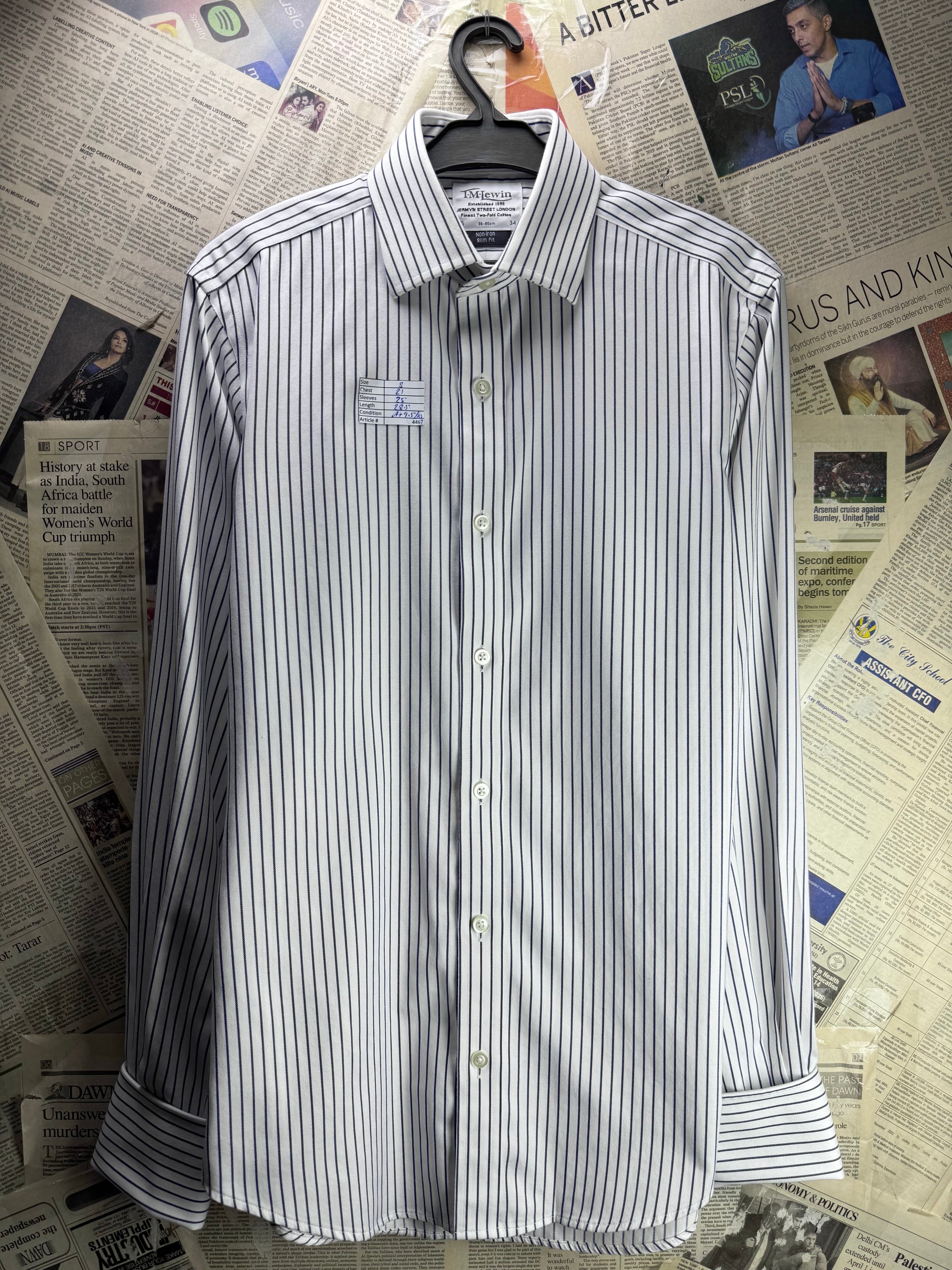 T.M. Lewin® Small | Chest: 21" | White Stripes | Collar: 15" Slim Fit Shirt | Cotton | 4467 - Genuine Maal