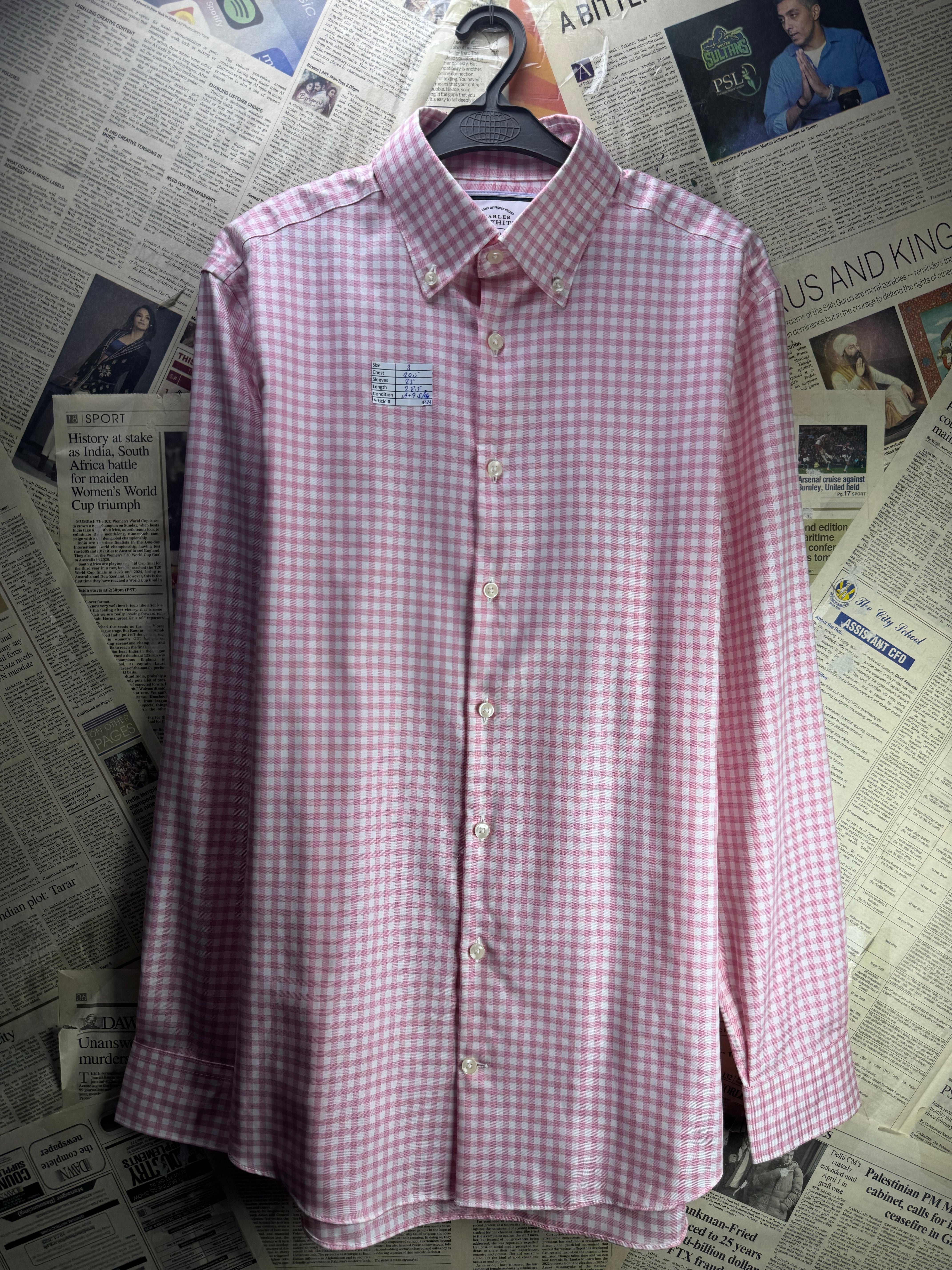 Charles Tyrwhitt® Small | Chest: 20.5" | Pink Check | Collar: 15.5" Slim Fit Shirt | Cotton - Lyocell | 4474 - Genuine Maal