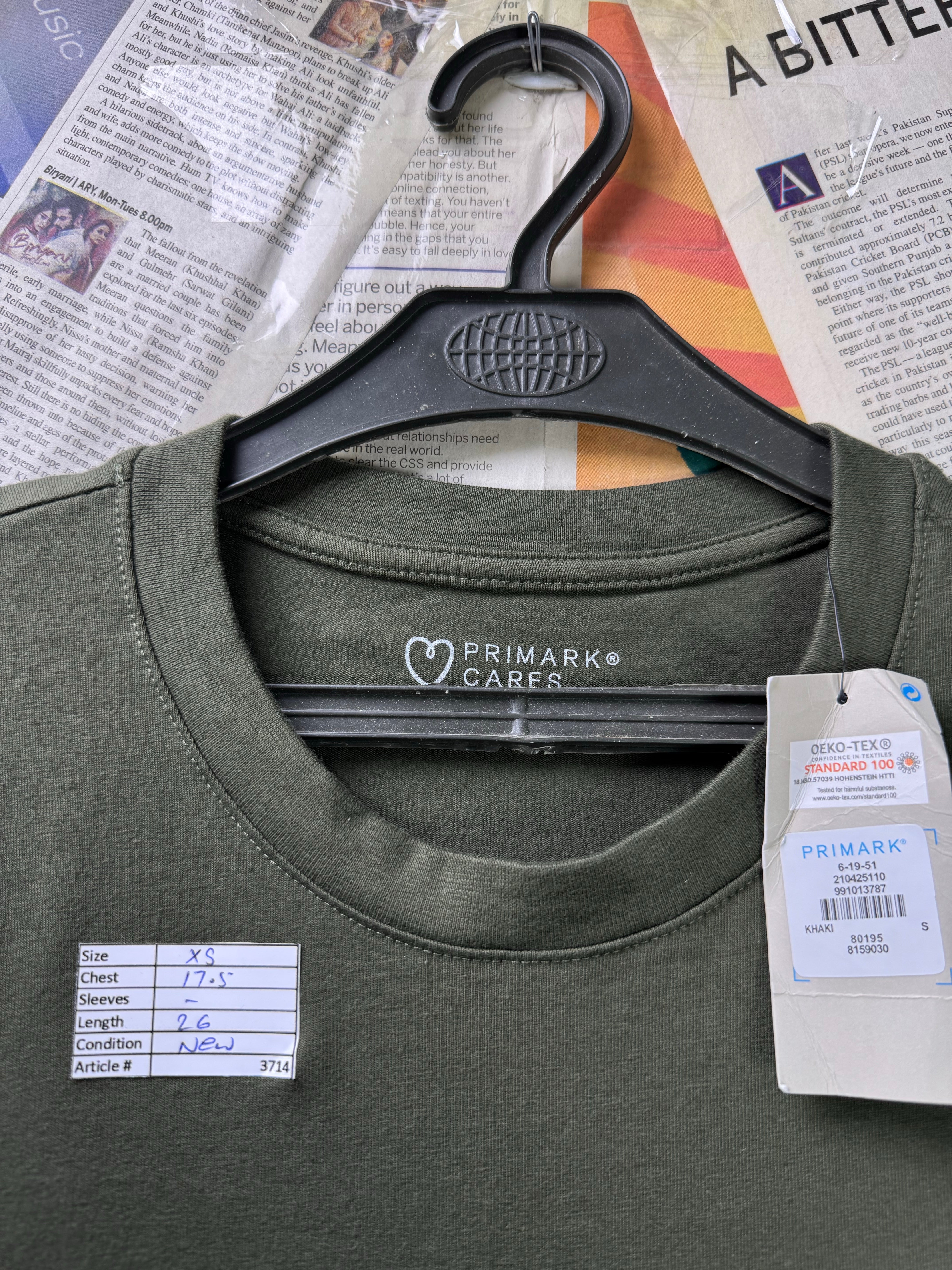 Primark® XS | Chest: 17.5" | Olive | T-Shirt | Cotton - Elastane | 3714 - Genuine Maal