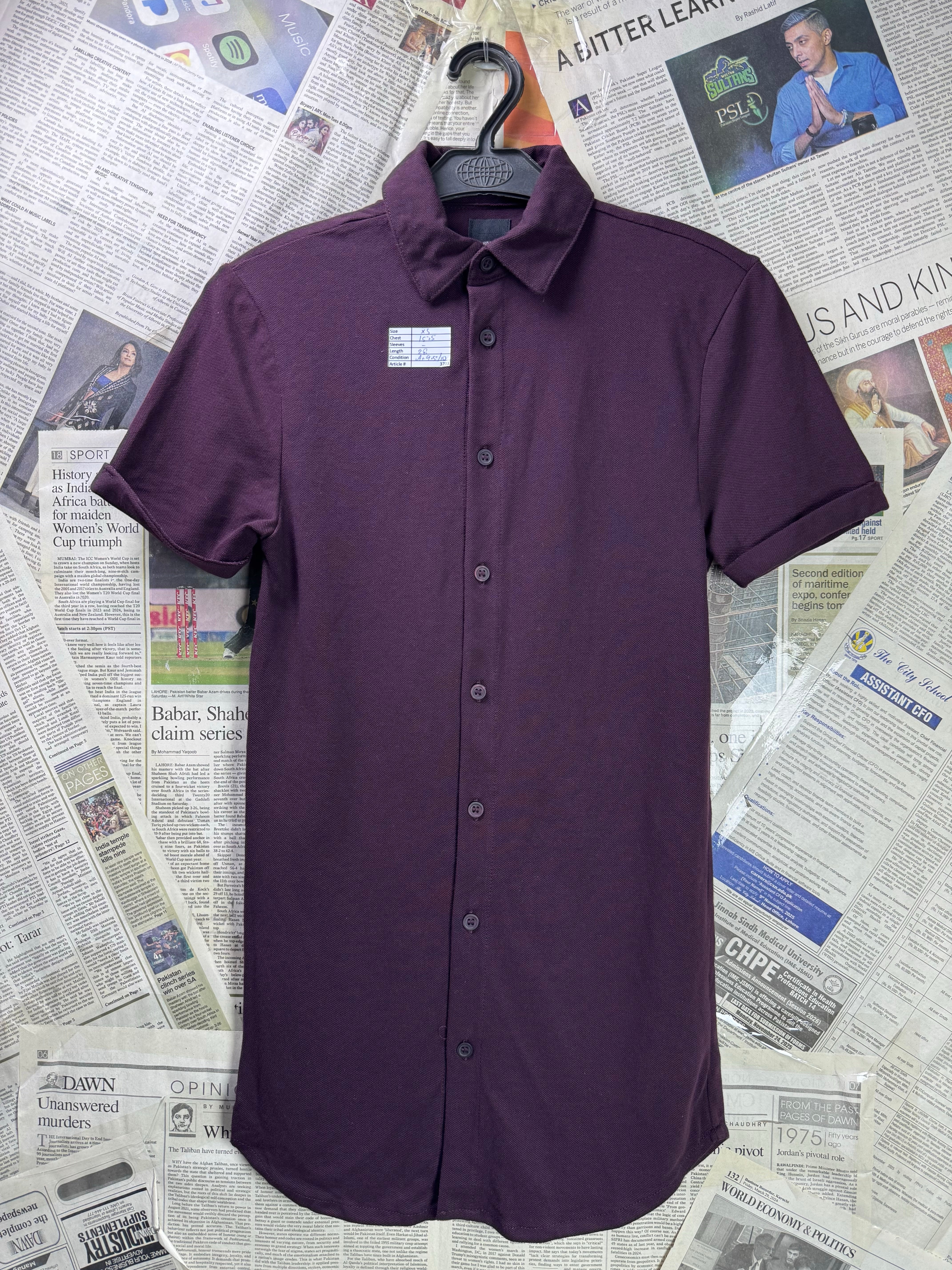 River Island® XXS | Chest: 15.5" | Wine | Shirt | Cotton - Elastane | 3703 - Genuine Maal