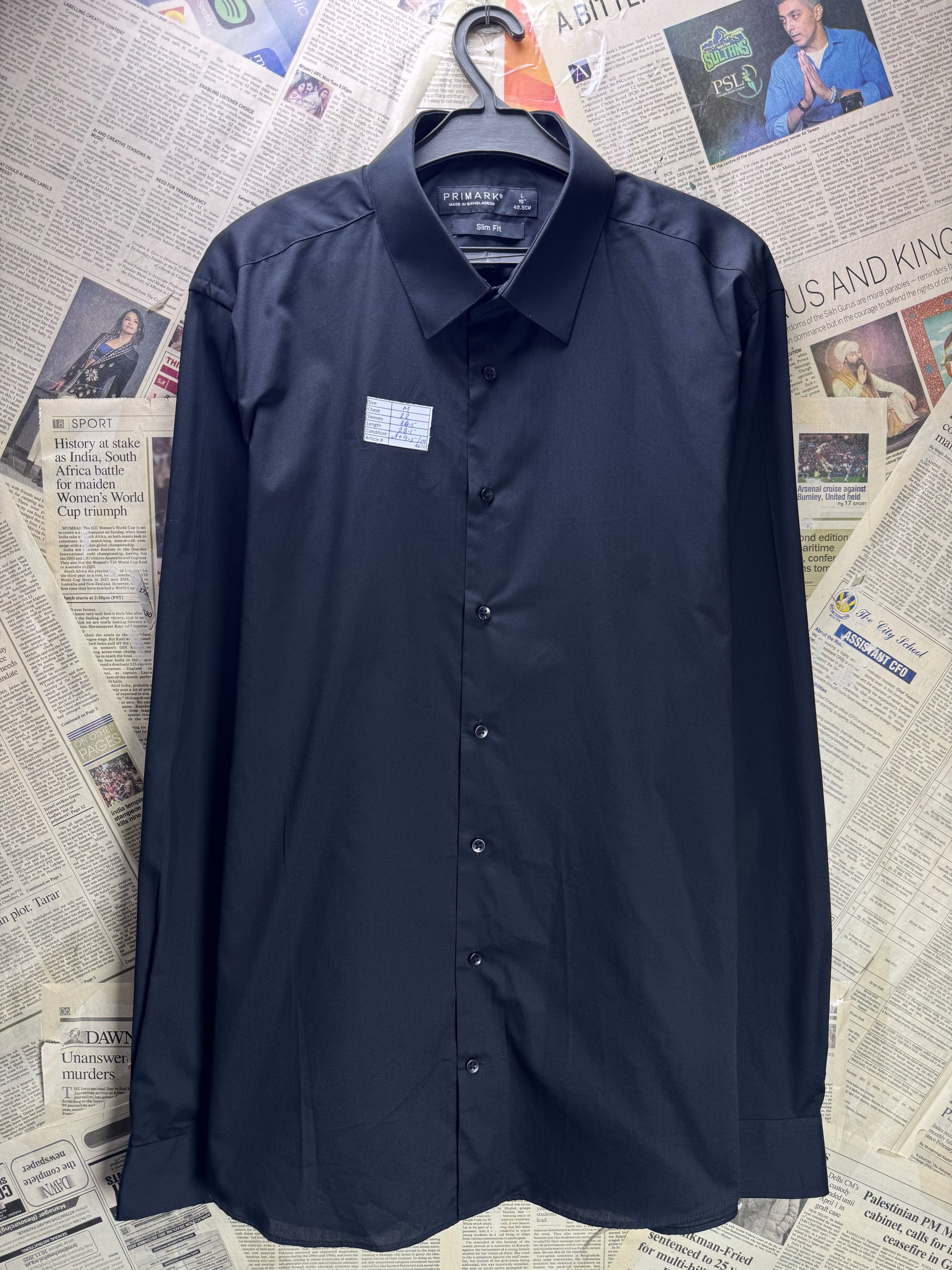 Primark® Medium | Chest: 22" | Black | Collar: 16" Slim Fit Shirts | Poly - Cotton | 4670 - Genuine Maal
