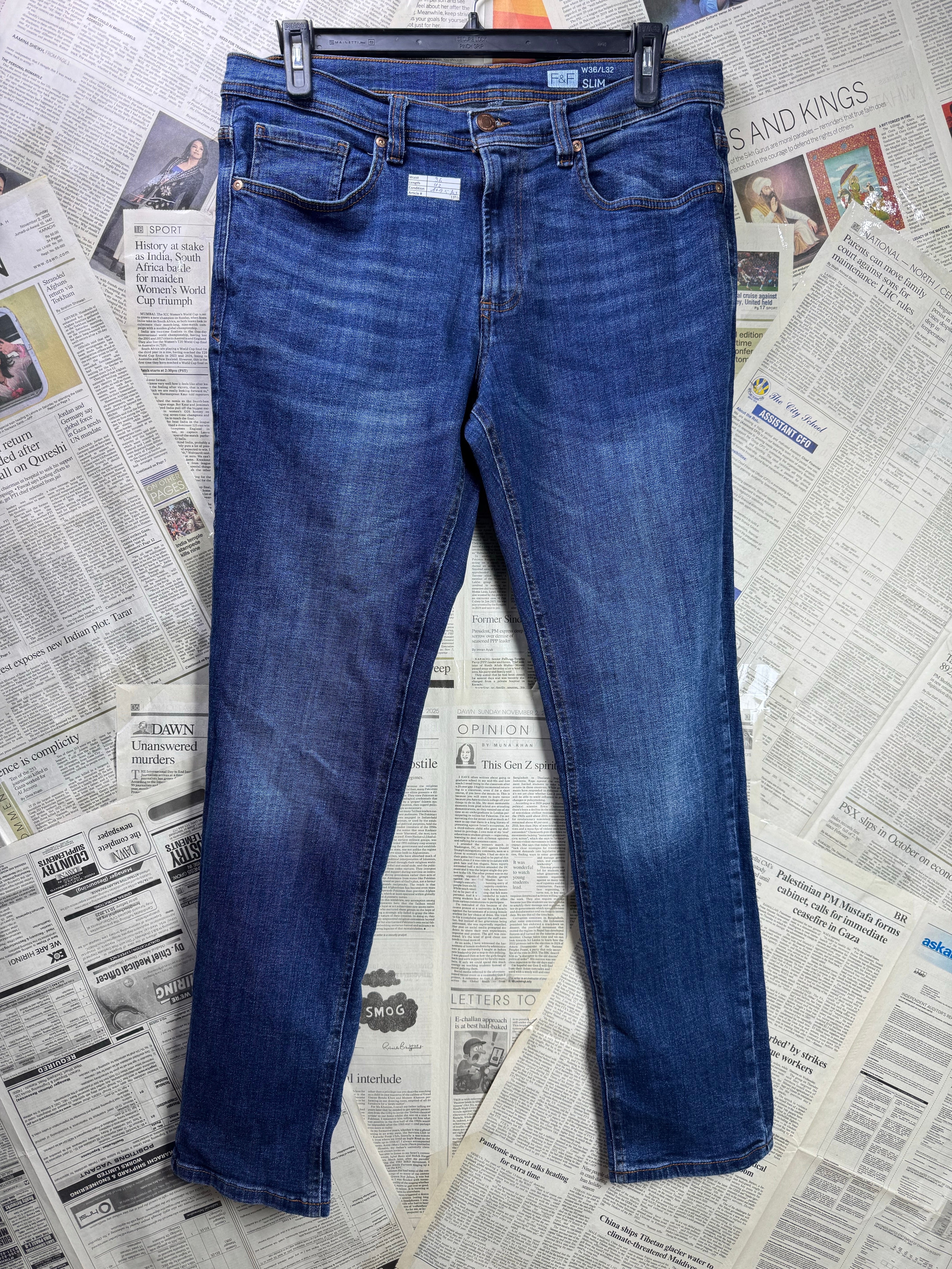 F&F® Waist: 36" | Blue | Slim Fit Denim Pants | Cotton - Elastane | 1355 - Genuine Maal