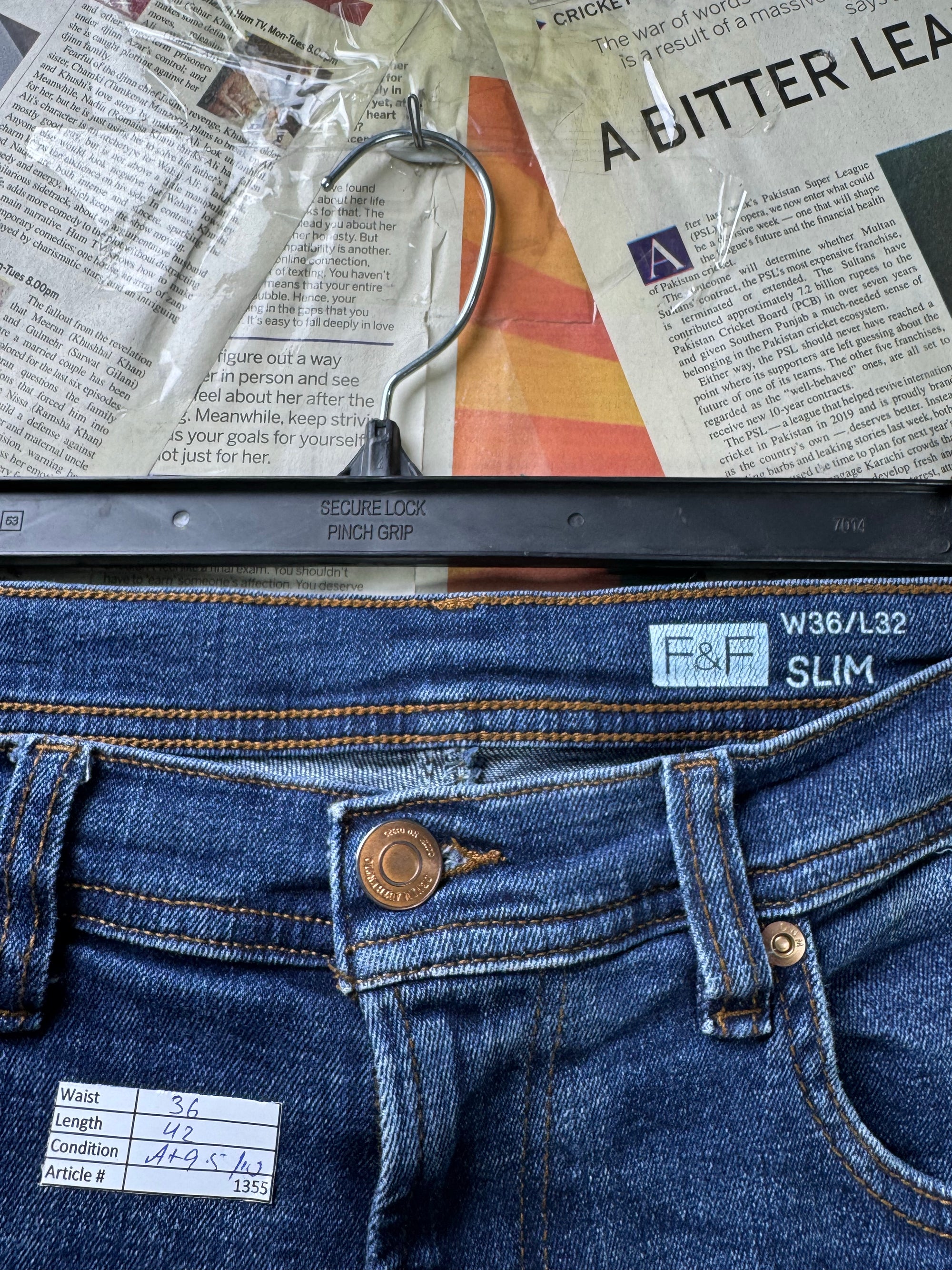 F&F® Waist: 36" | Blue | Slim Fit Denim Pants | Cotton - Elastane | 1355 - Genuine Maal