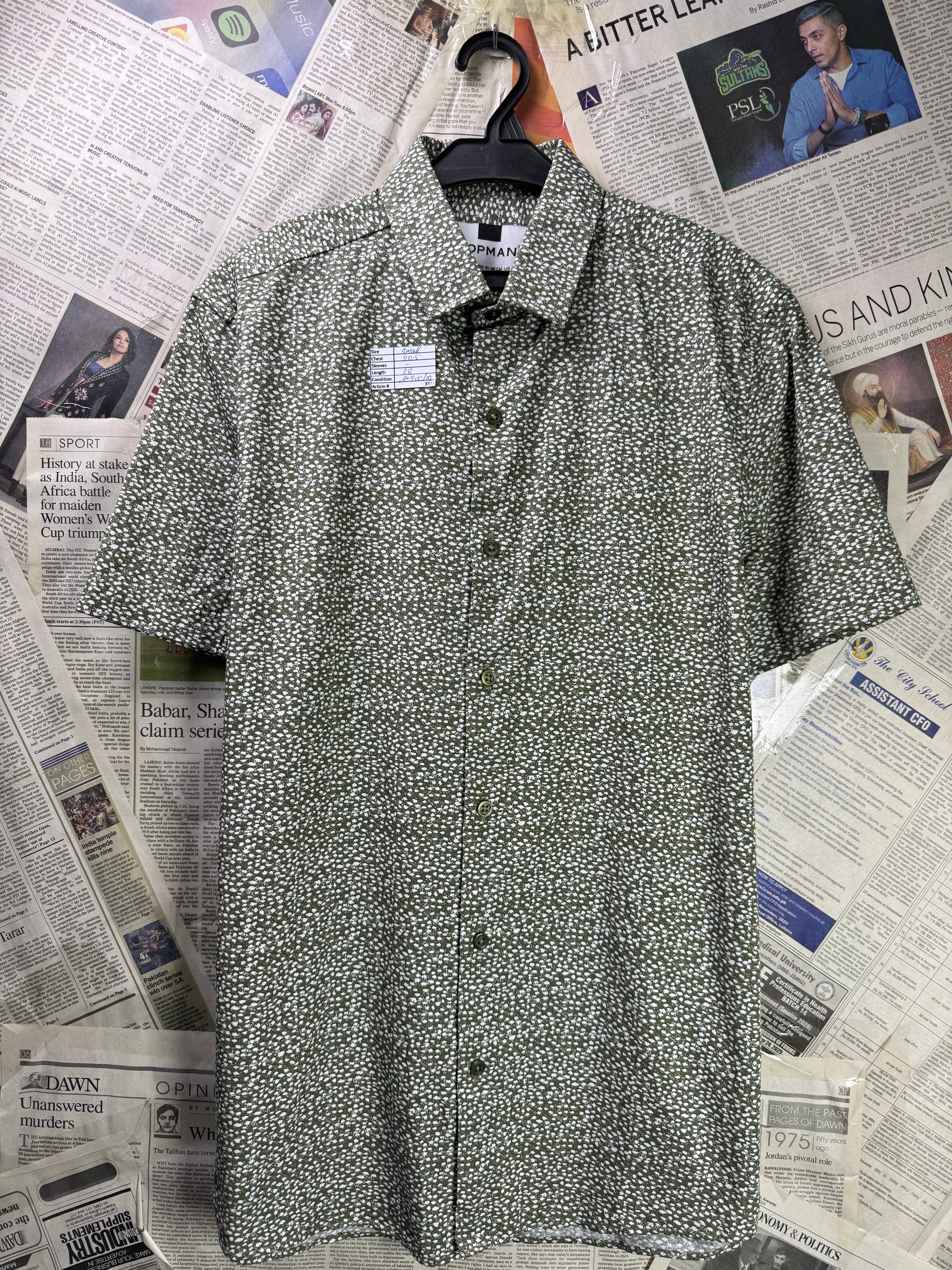 Topman® Small | Chest: 20.5" | Moss Green with White Print | Shirt | Cotton | 3339 - Genuine Maal