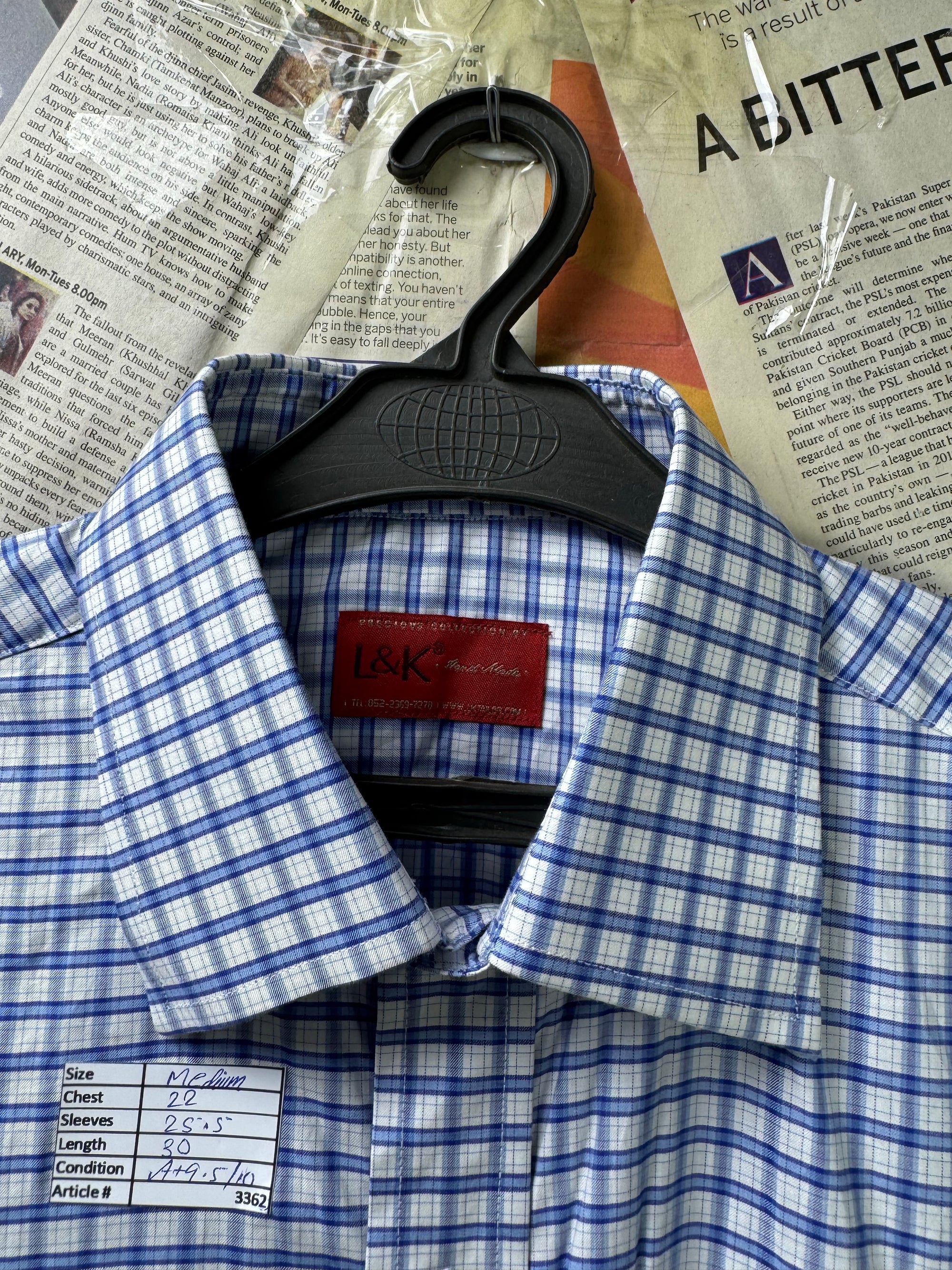 L&K® Medium | Chest: 22" | Blue & White Check | Shirt | Cotton | 3362 - Genuine Maal