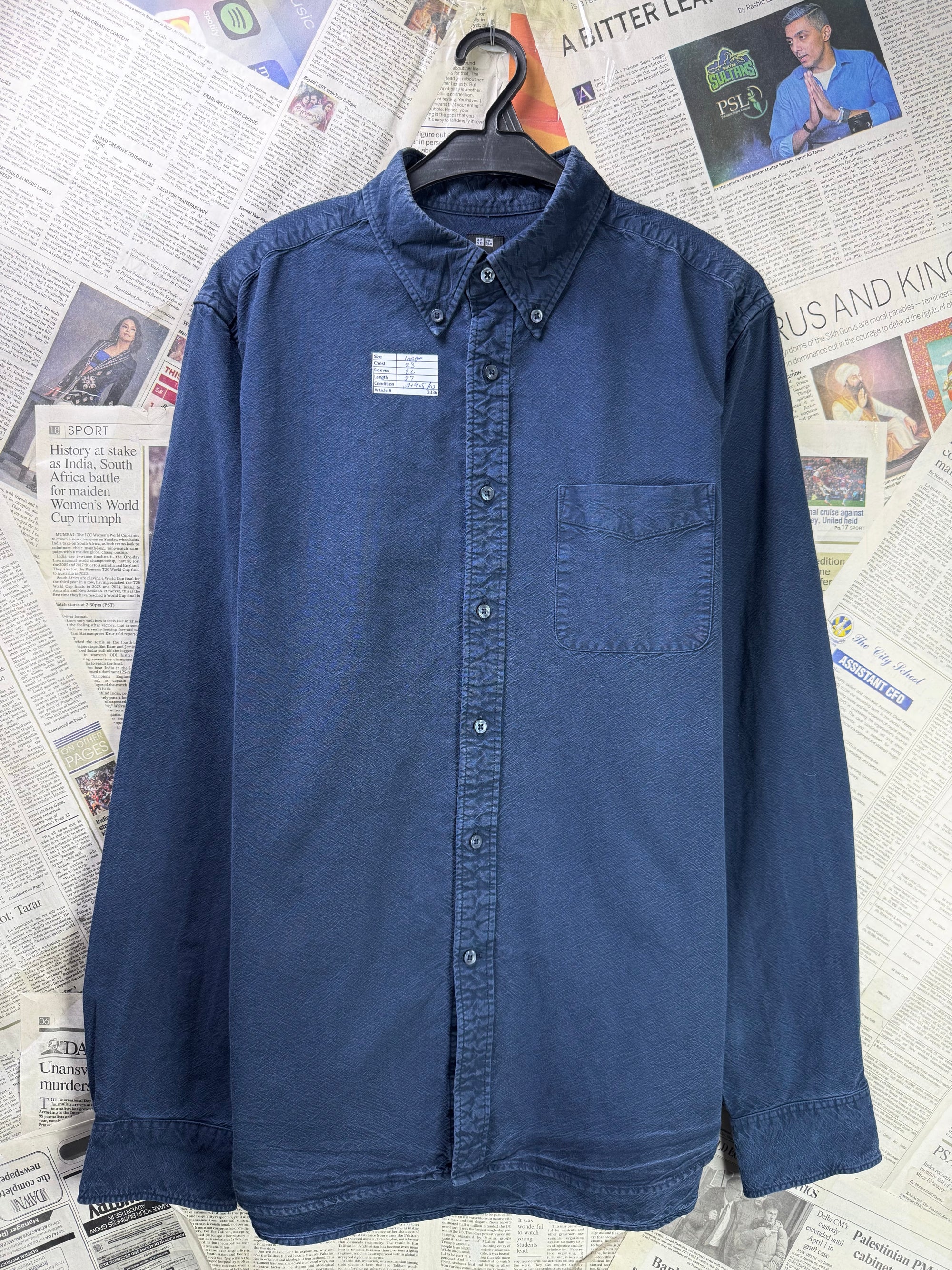 Uniqlo® Large | Chest: 23" | Blue | Denim - Feel Shirt | Cotton | 3336 - Genuine Maal