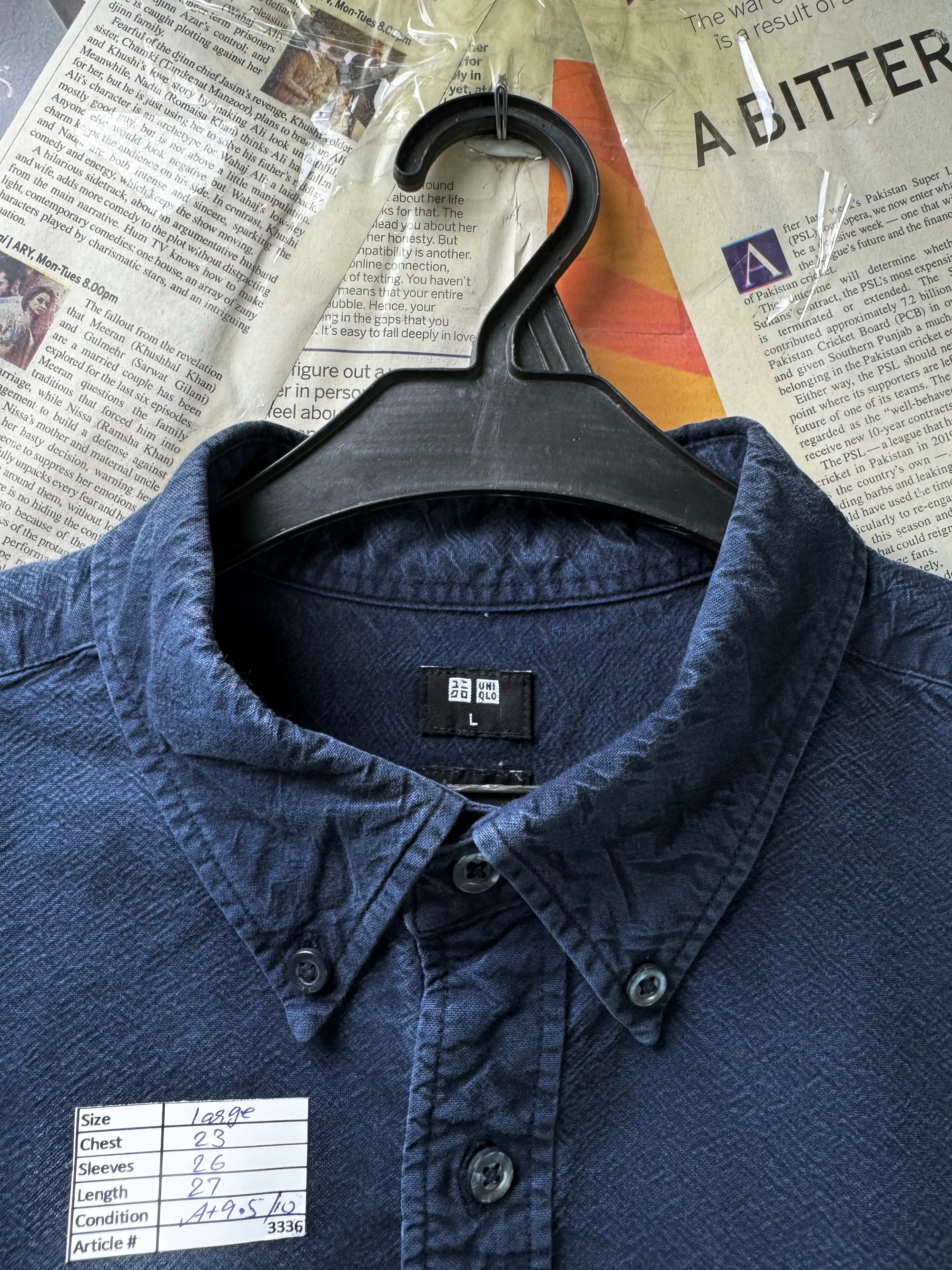 Uniqlo® Large | Chest: 23" | Blue | Denim - Feel Shirt | Cotton | 3336 - Genuine Maal