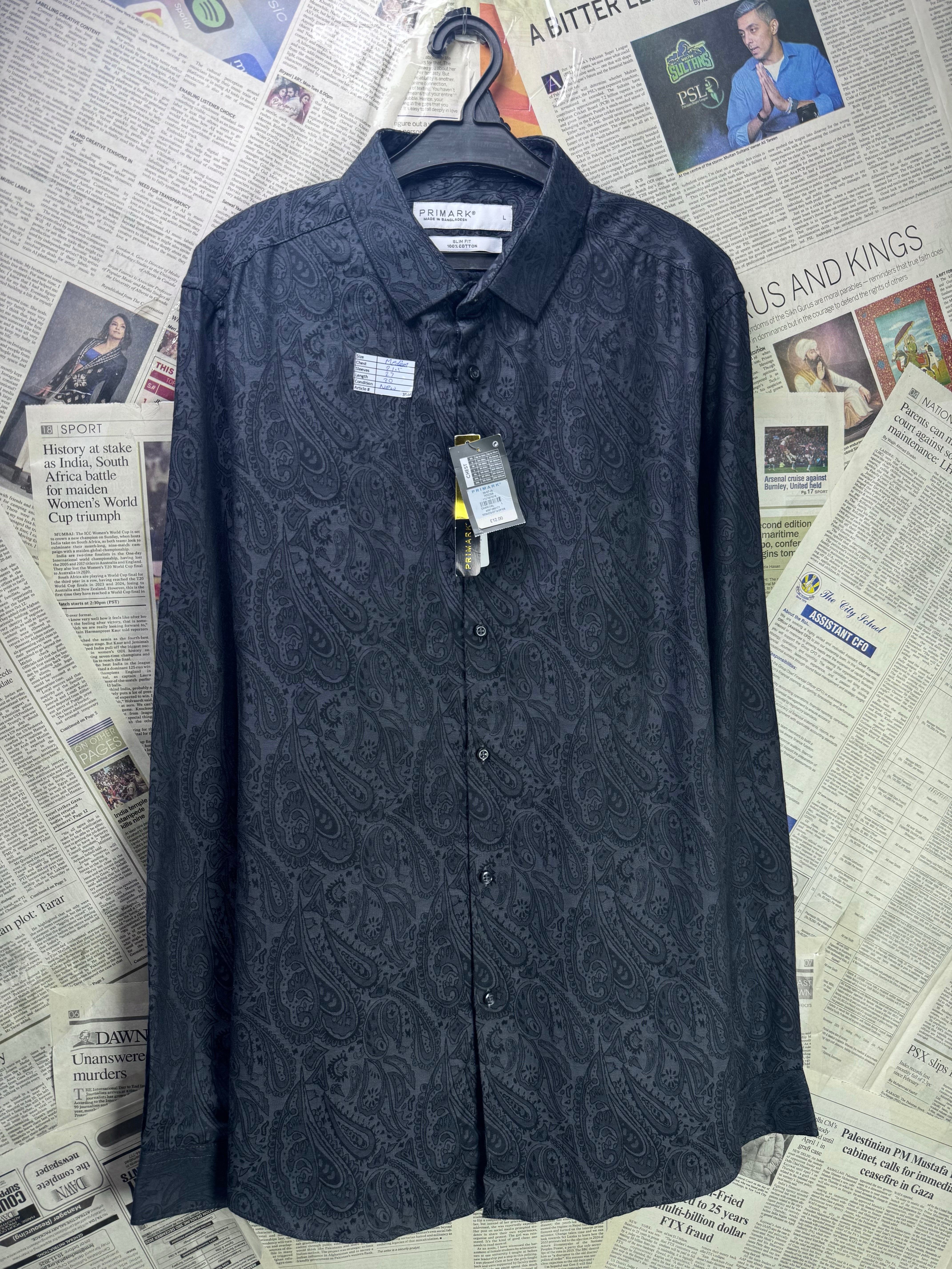Primark® Medium | Chest: 21.5" | Dark Grey Pasley Print | Shirt | Cotton | 3544 - Genuine Maal
