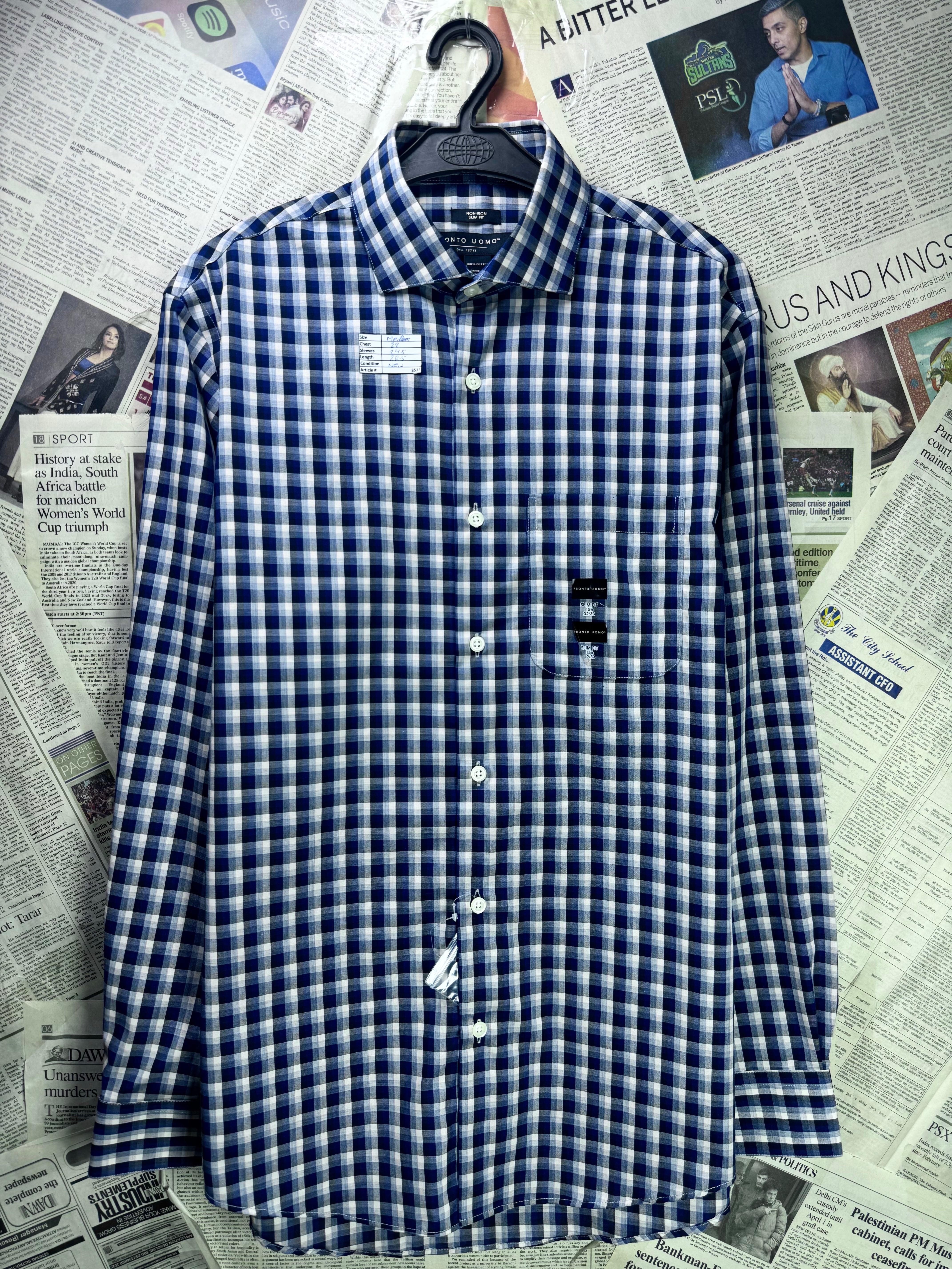 Pronto Uomo® Medium | Chest: 22" | Blue Check | Shirt | Cotton | 3533 - Genuine Maal