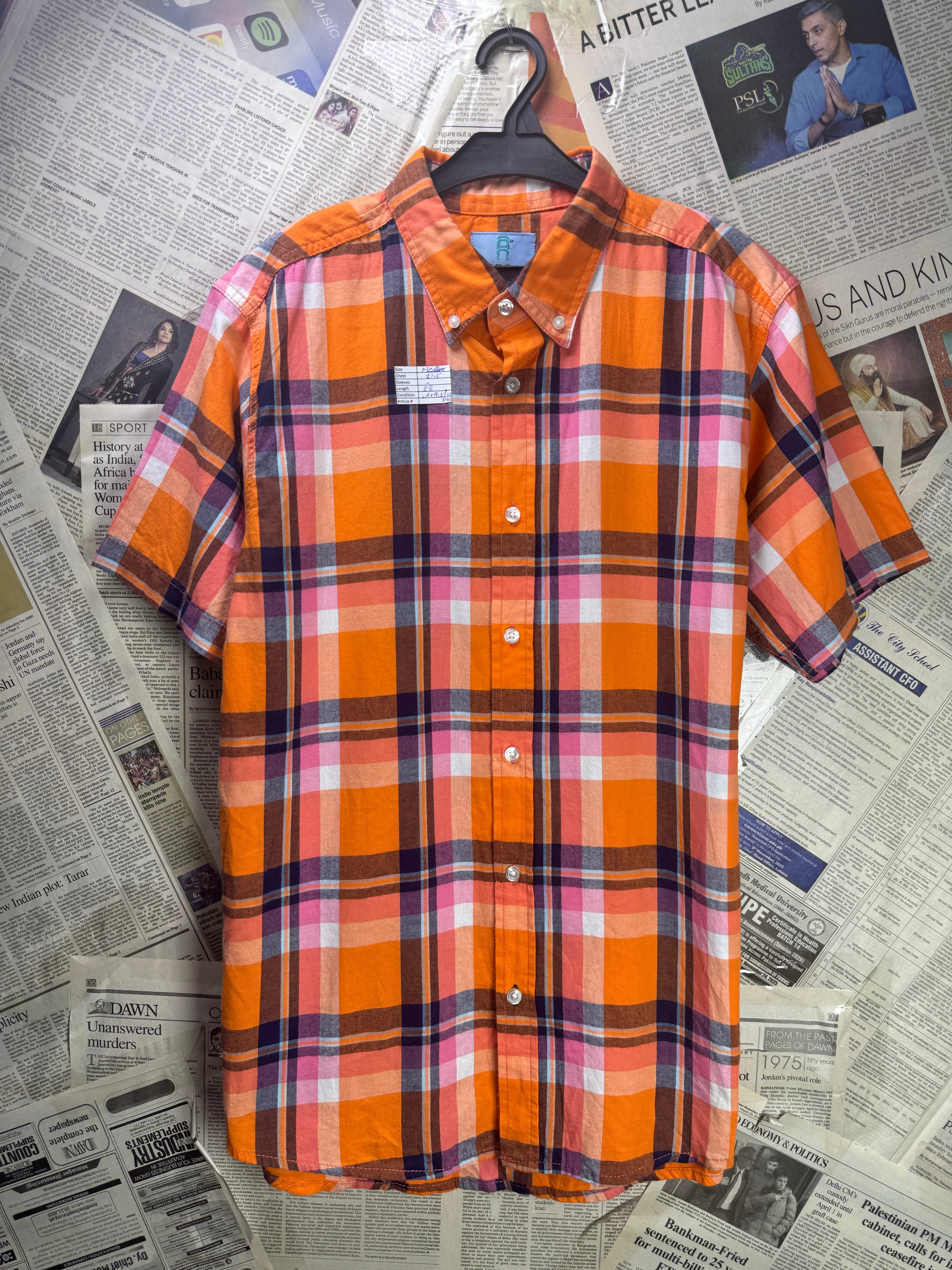Attire® Medium | Chest: 21.5" | Orange Plaid | Shirt | Cotton | 3780 - Genuine Maal