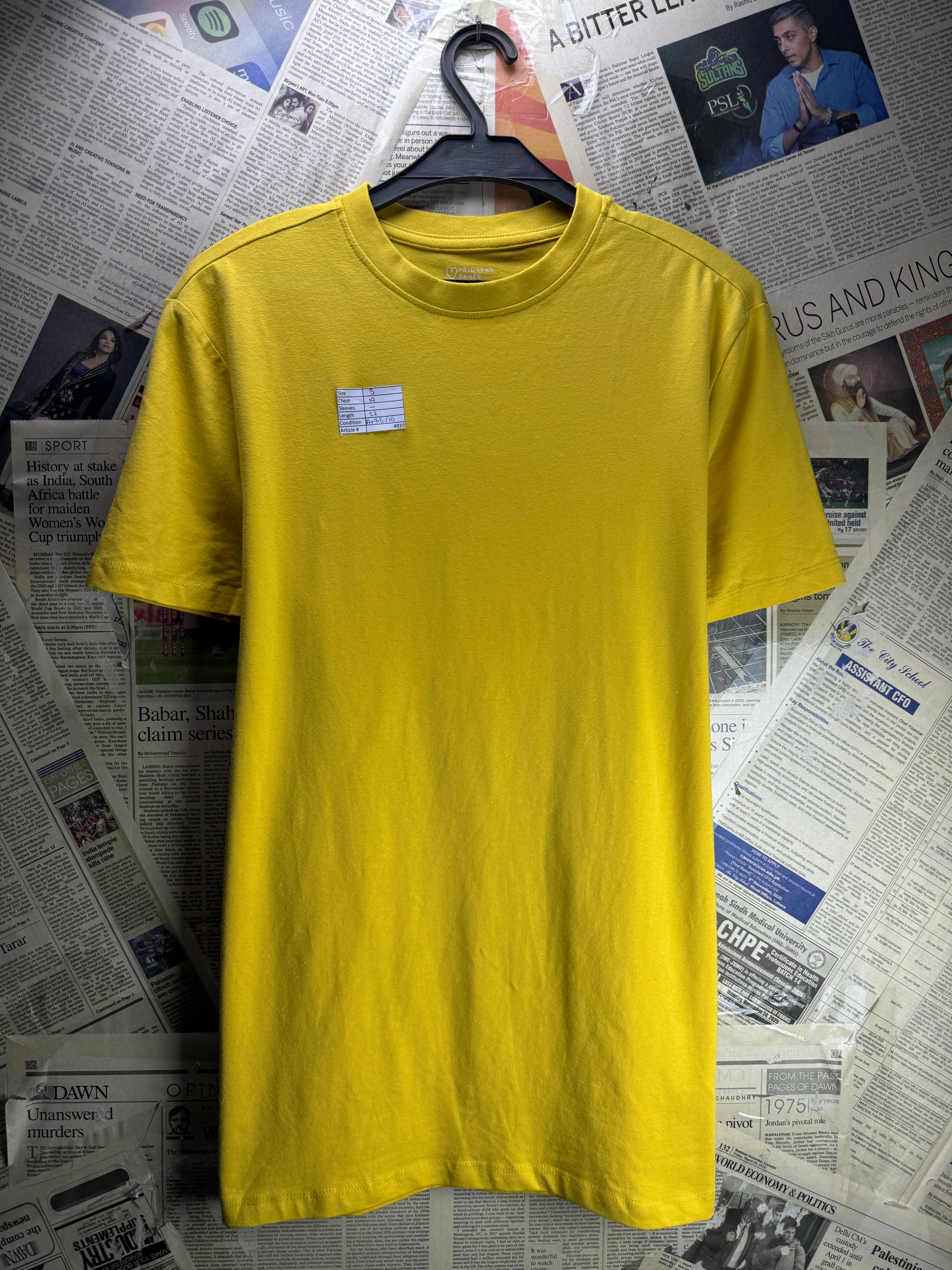 Primark® Small | Chest: 19" | Yellow | T-Shirt | Cotton - Elastane | 4910 - Genuine Maal