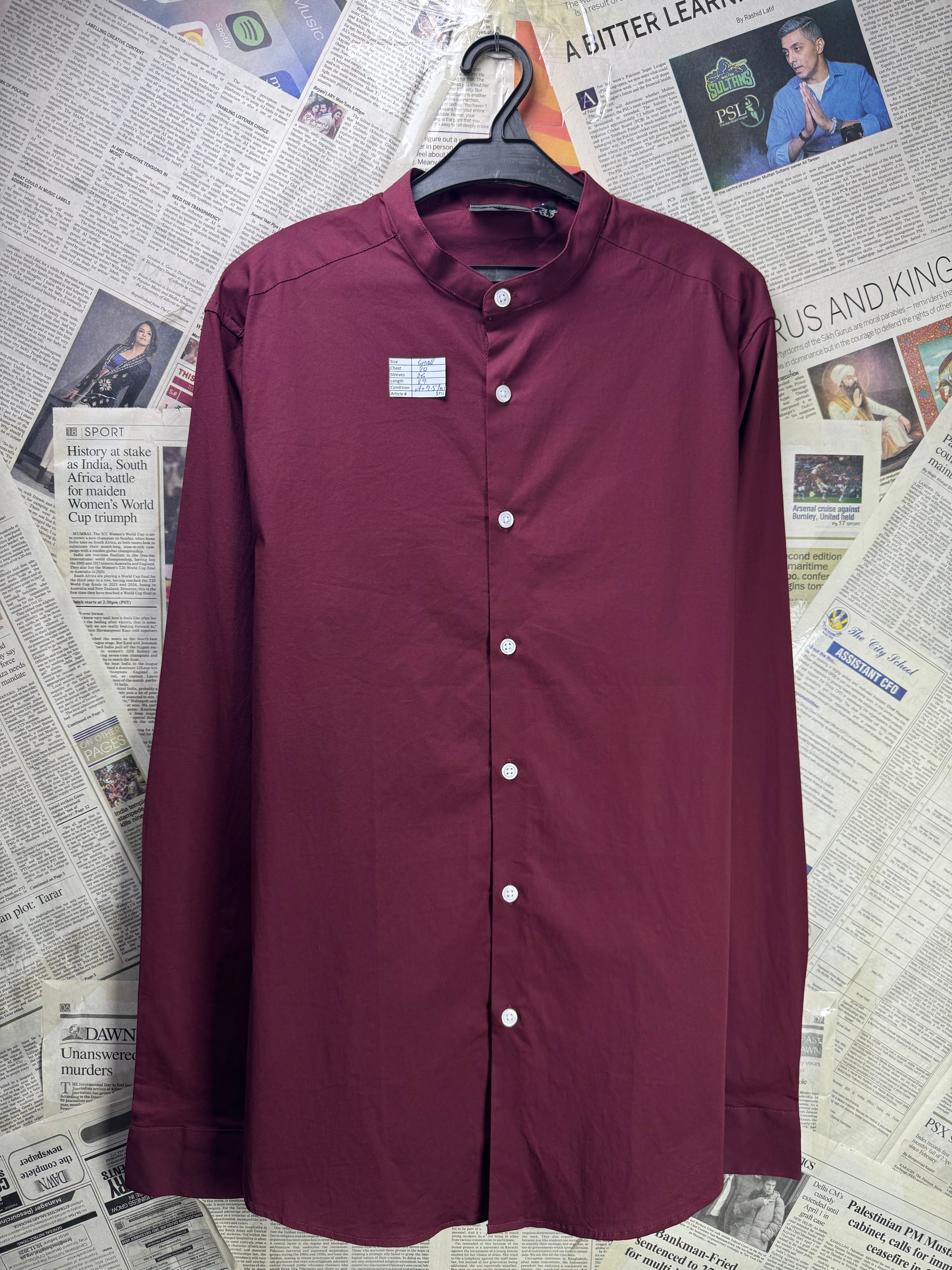 Asos® Small | Chest: 20" | Burgundy | Band Collar Shirt | Cotton - Elastane | 3756 - Genuine Maal