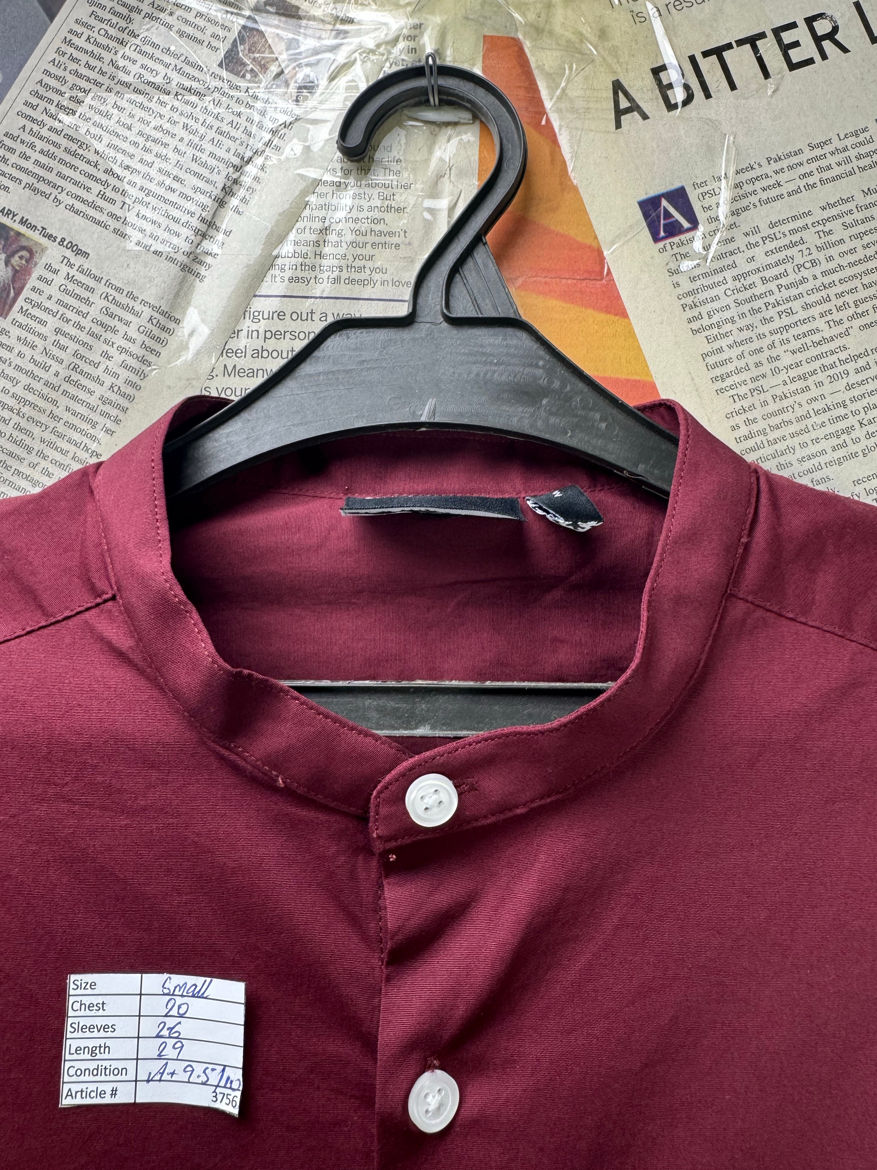 Asos® Small | Chest: 20" | Burgundy | Band Collar Shirt | Cotton - Elastane | 3756 - Genuine Maal