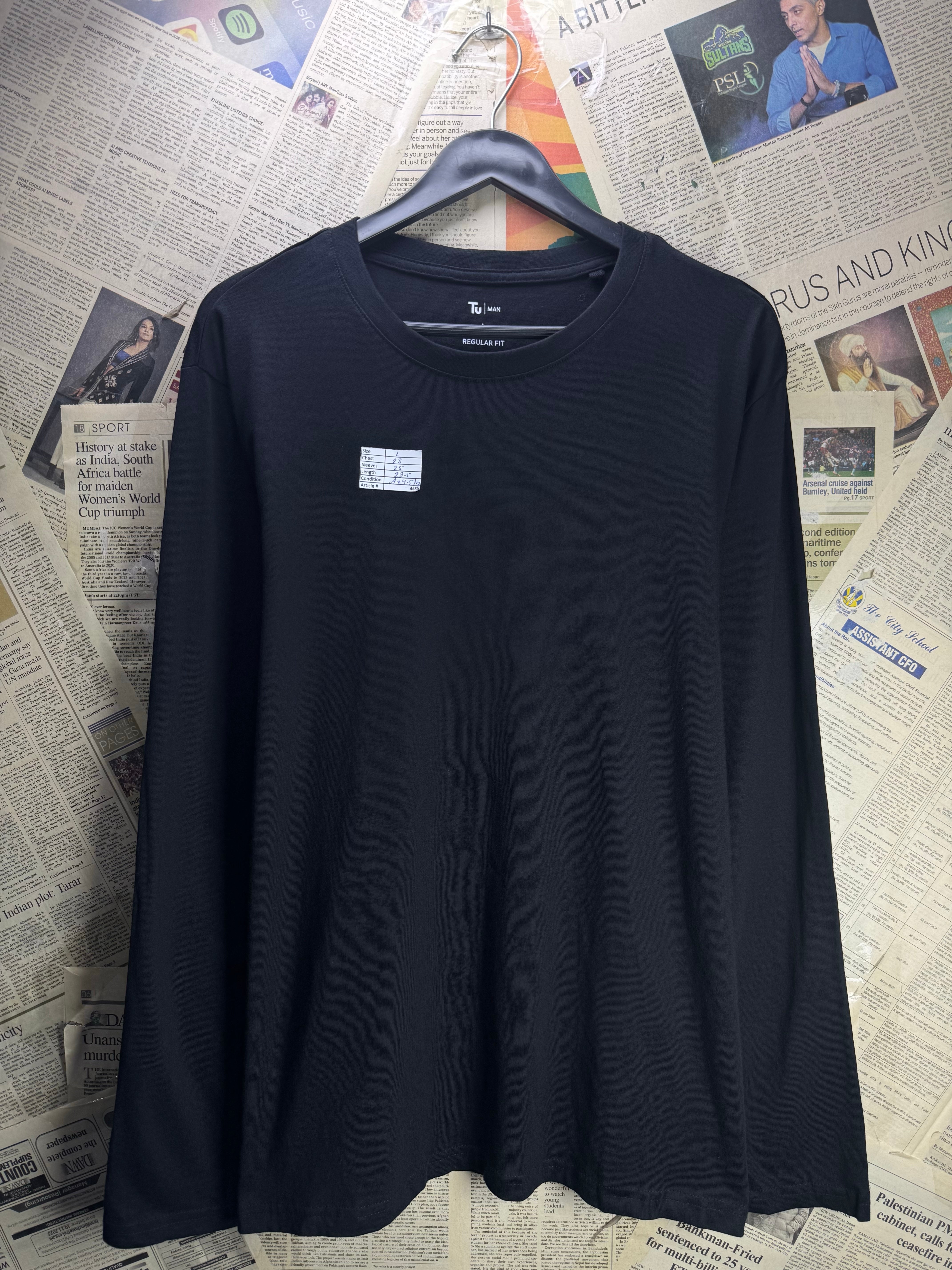 Tu® Large | Chest: 23" | Black | Long Sleeves T-Shirt | Cotton | 4685 - Genuine Maal
