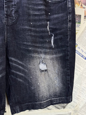 A.Zavetti® Waist: 32" to 34" | Black | Distressed Denim Shorts | Cotton - Poly - Visc - Elastane | 1344 - Genuine Maal