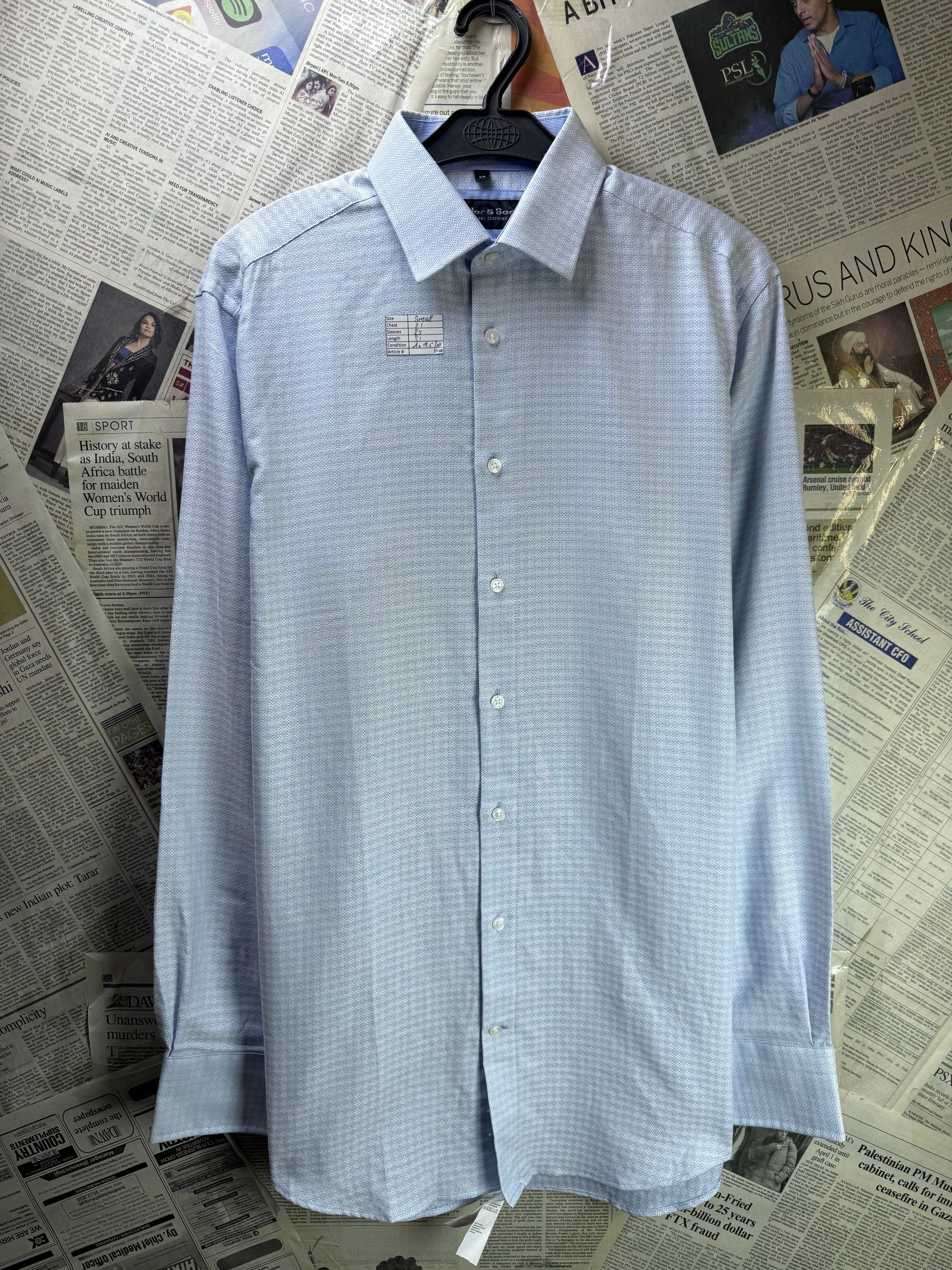 Tailor & Son® Small | Chest: 21" | Light Blue with Pattern | Shirt | Cotton | 3948 - Genuine Maal