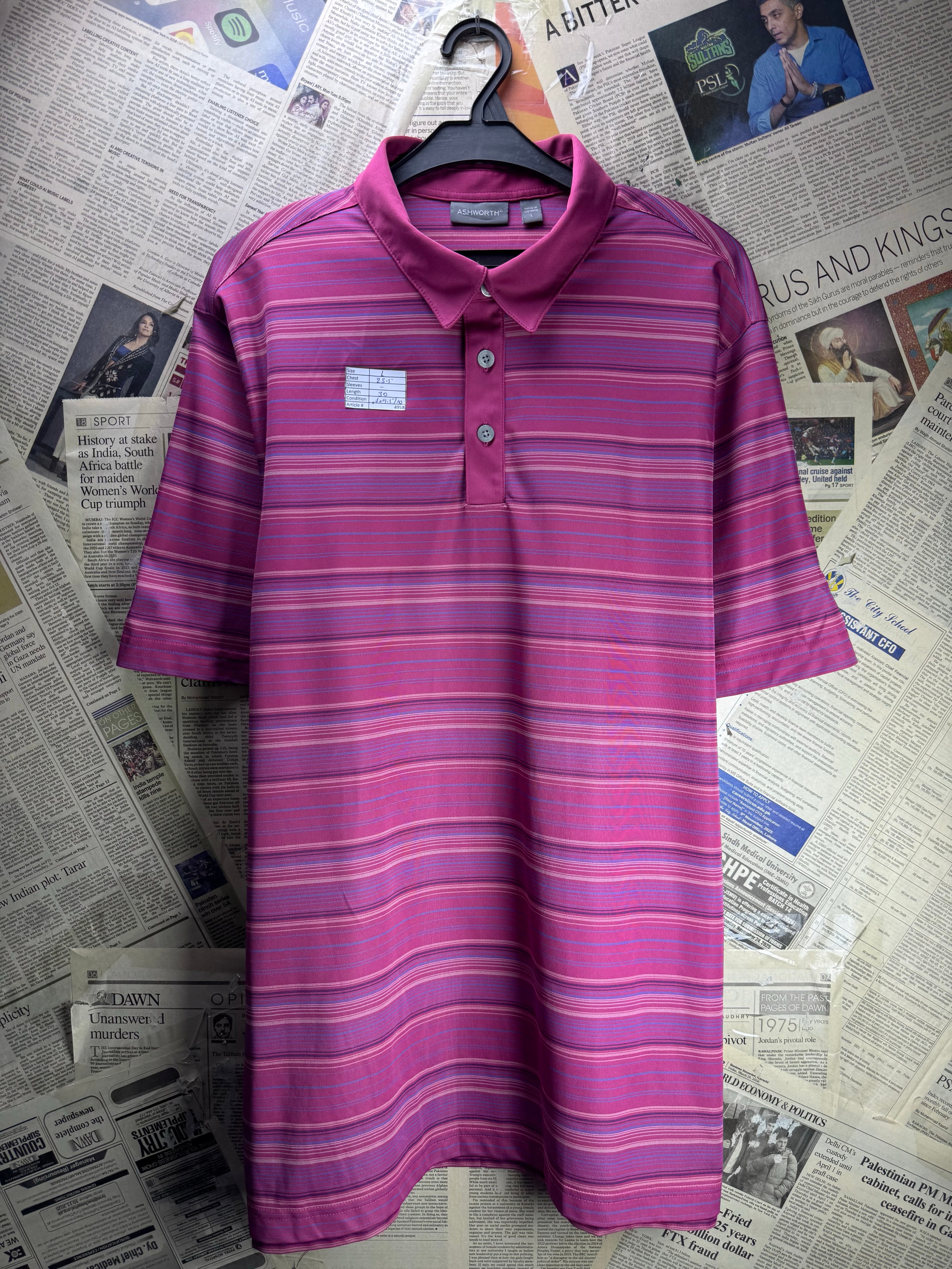 Ashworth® Large | Chest: 23.5" | Pink Stripes | Golf Polo | Polyester | 4958