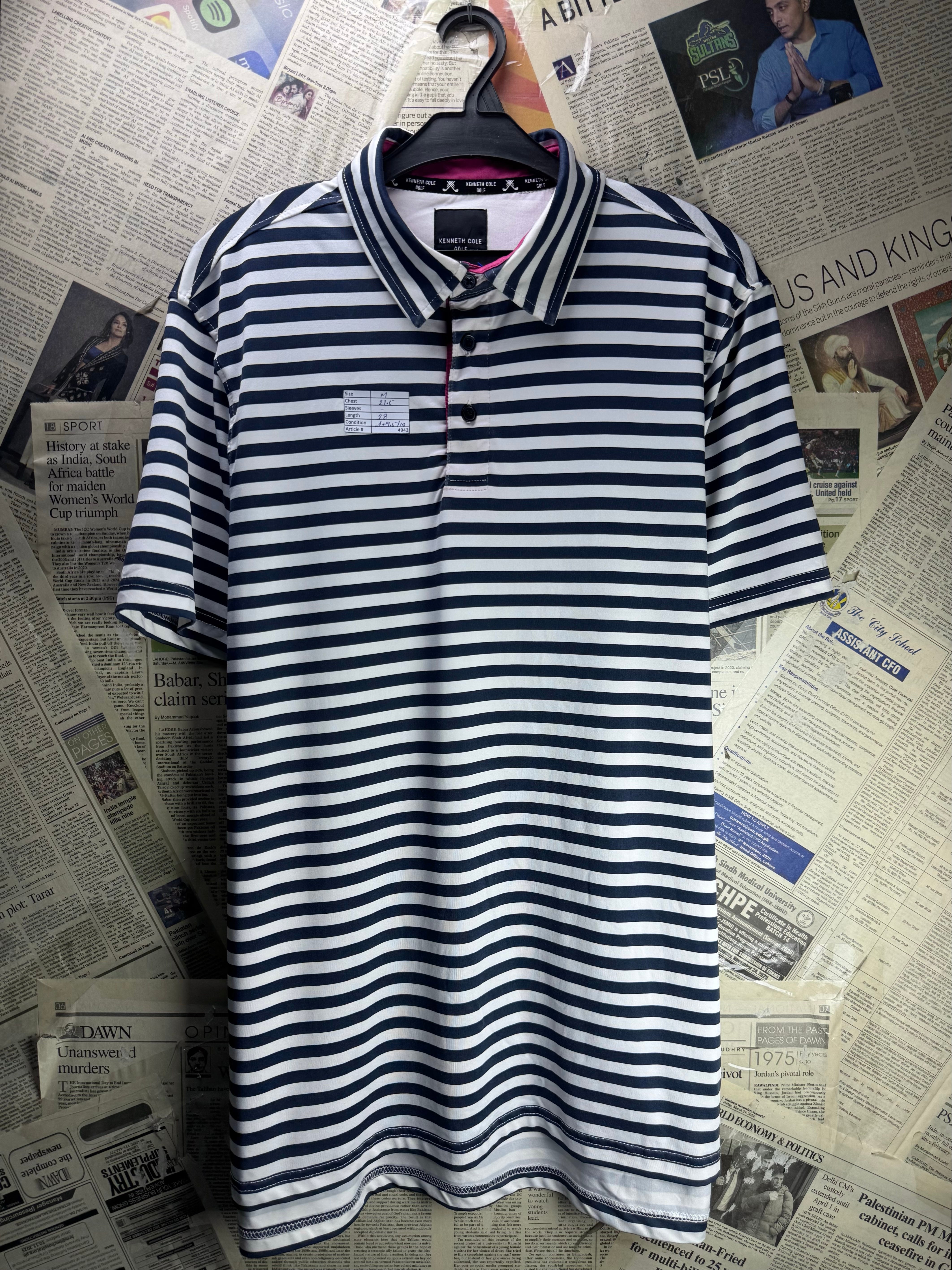 Kenneth Cole® Medium | Chest: 21.5" | B&W Stripes | Golf Polo | Poly-Spandex | 4943
