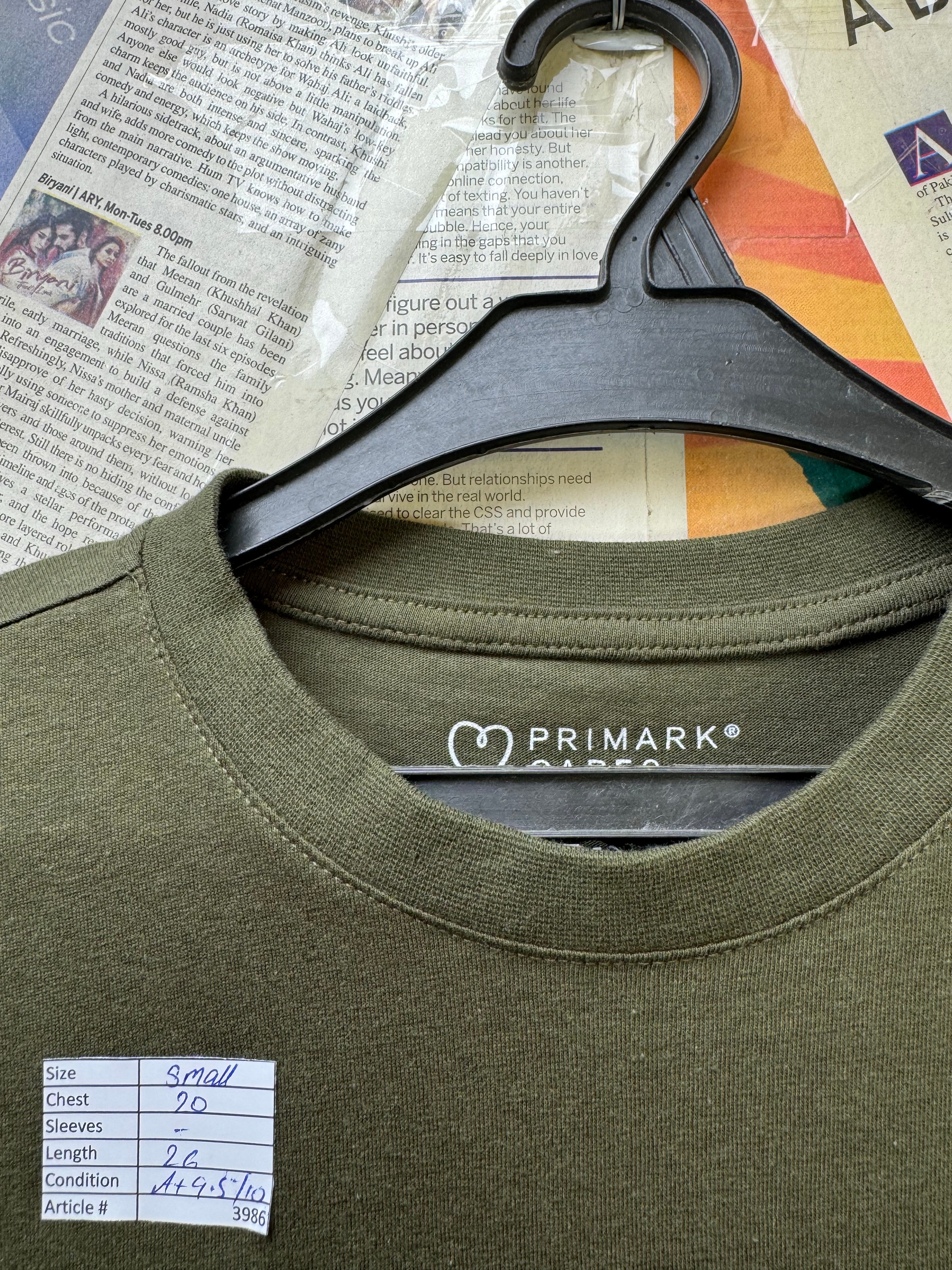 Primark® Small | Chest: 20" | Olive | T-Shirt | Cotton | 3986 - Genuine Maal