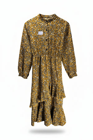 ® Small | Bust: 17.5" | Mustard Floral | Button - down Midi Dress | B1 - 4965 - Genuine Maal