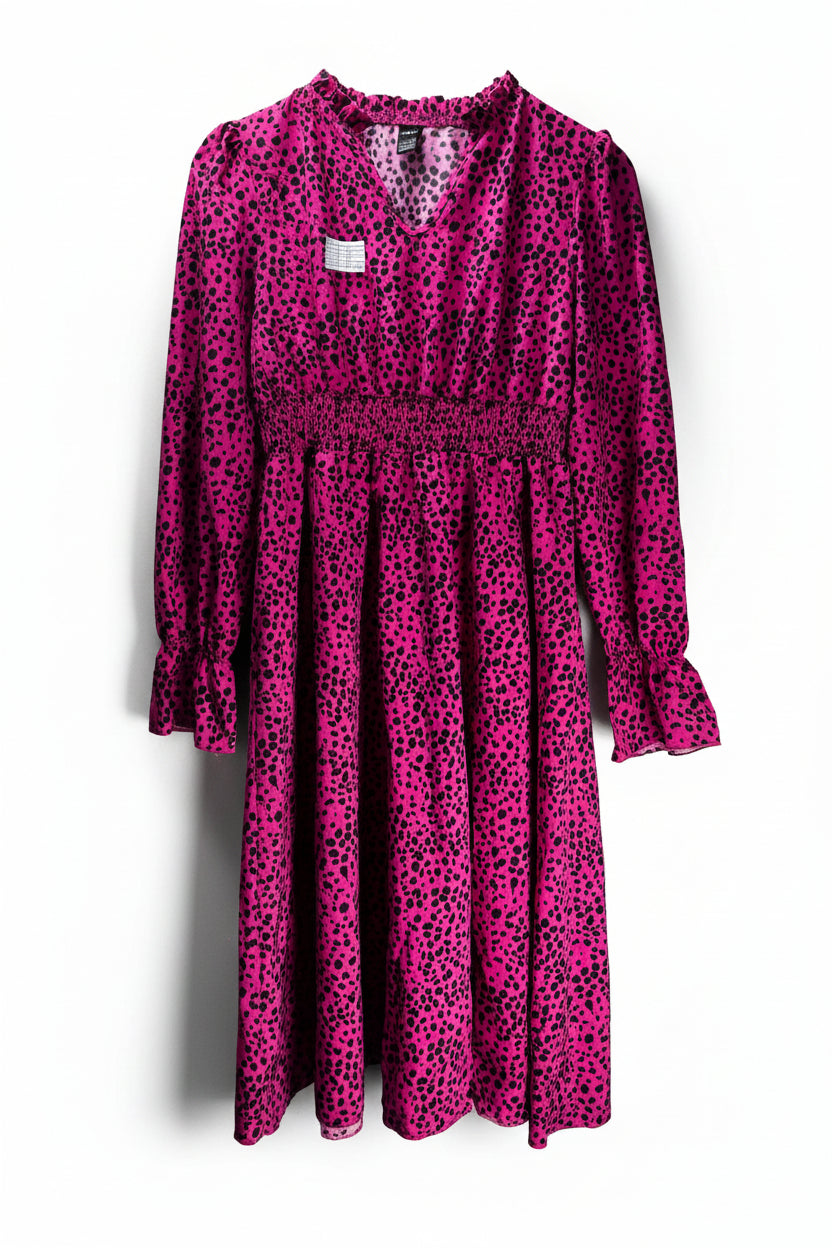 Shein® Small | Bust: 17.5" | Pink Damatian Print | Smocked Waist Midi Dress | B1 - 5168 - Genuine Maal