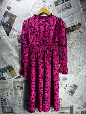 Shein® Small | Bust: 17.5" | Pink Damatian Print | Smocked Waist Midi Dress | B1 - 5168 - Genuine Maal