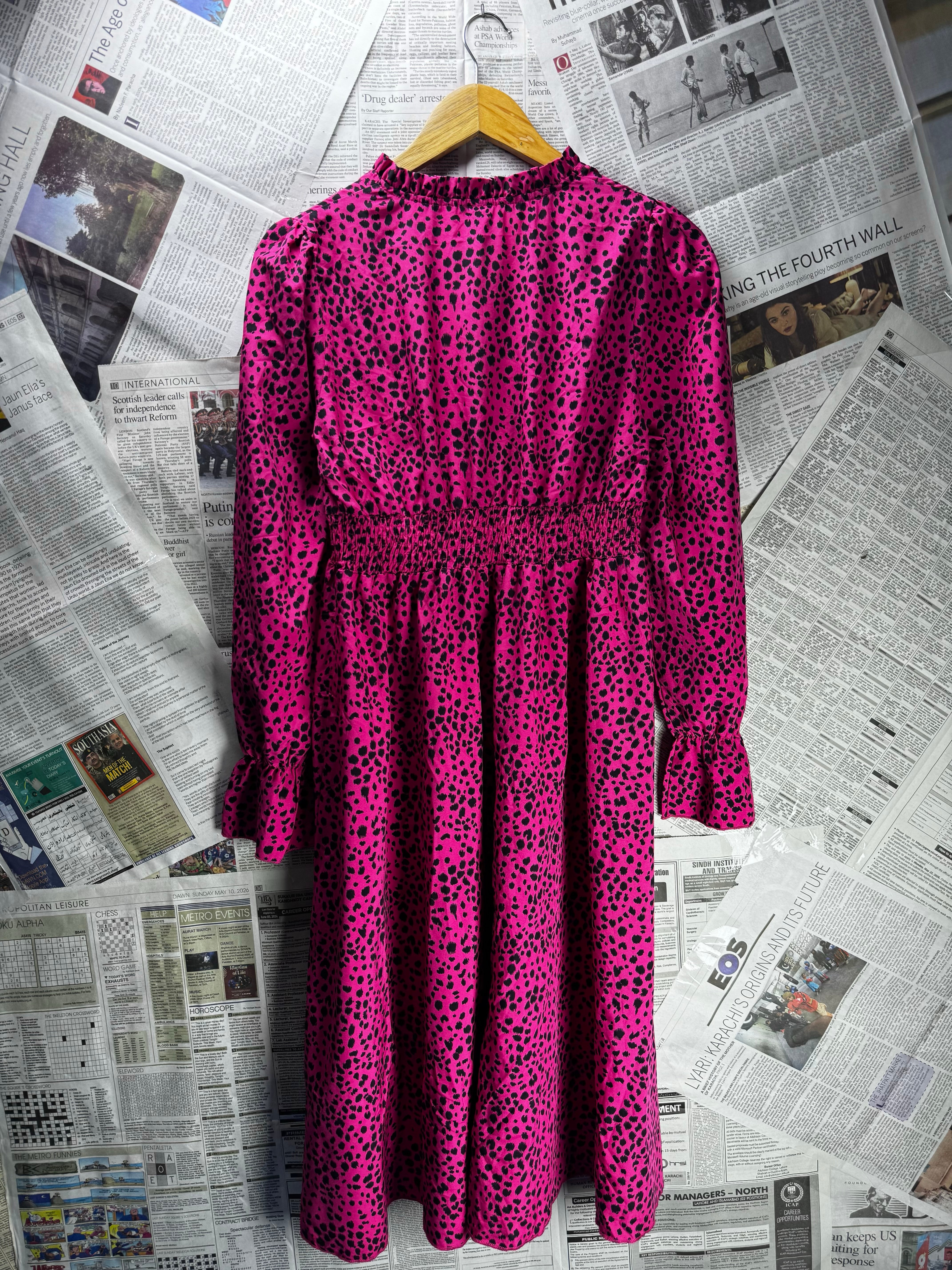 Shein® Small | Bust: 17.5" | Pink Damatian Print | Smocked Waist Midi Dress | B1 - 5168 - Genuine Maal