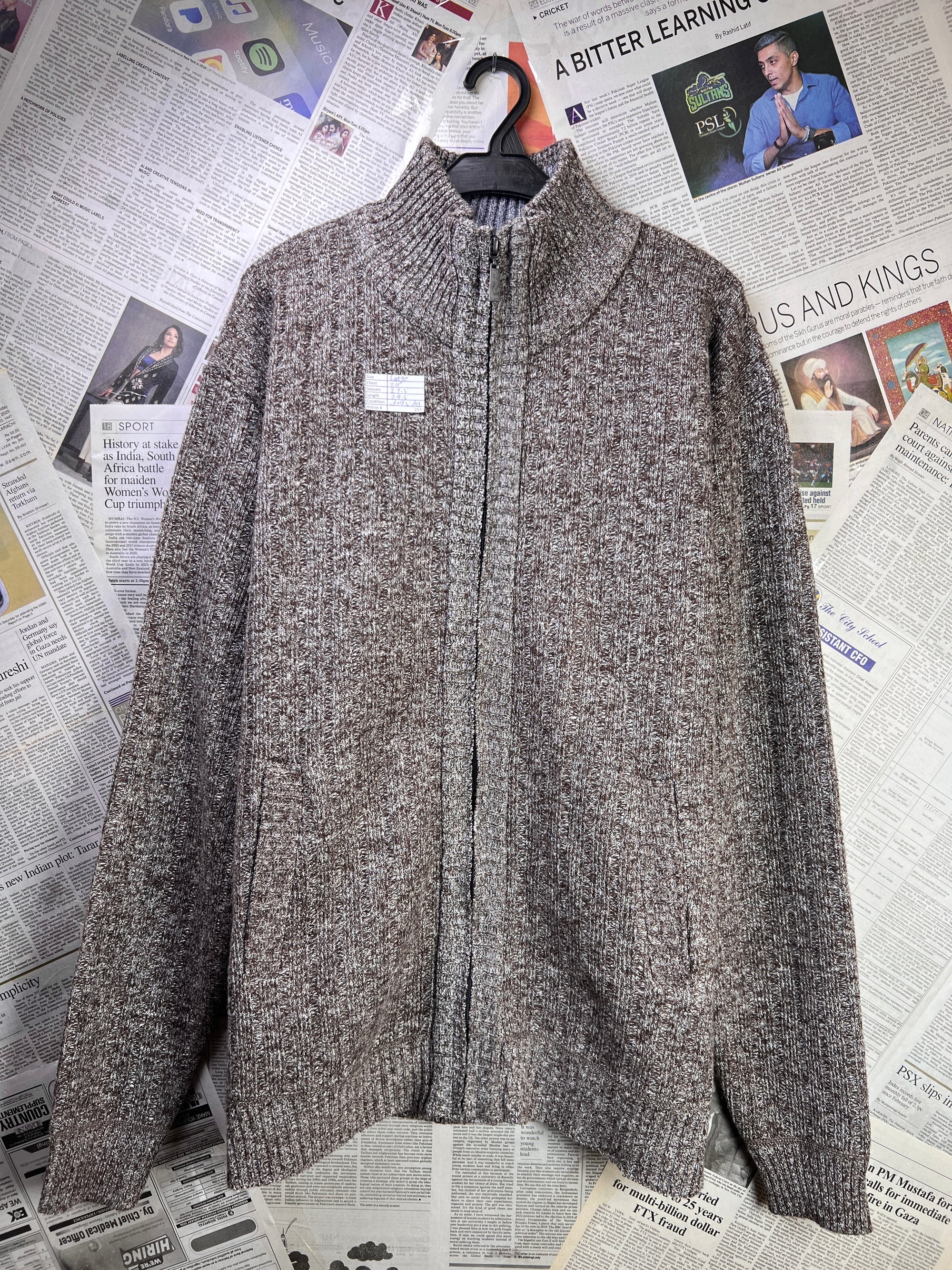 Raphael Ralencino® Large | Chest: 24" | Heather Brown | Full Zip Mock Neck Sweater | 2129 - Genuine Maal