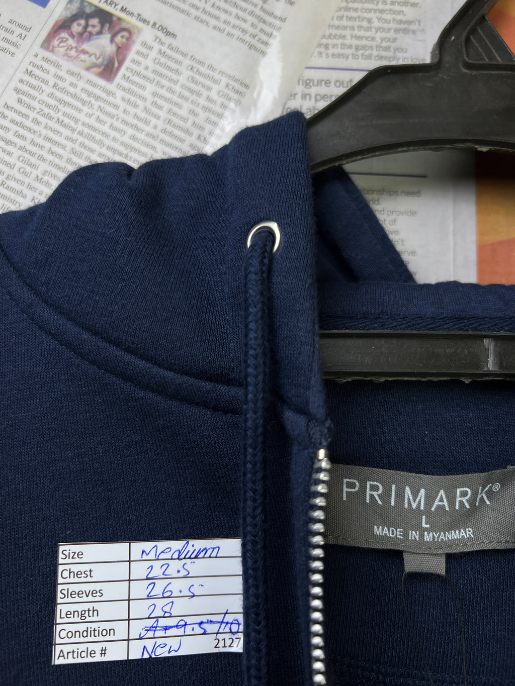 Primark® Medium | Chest 22.5 | Jacket with Hoodie | Blue | 2127 - Genuine Maal