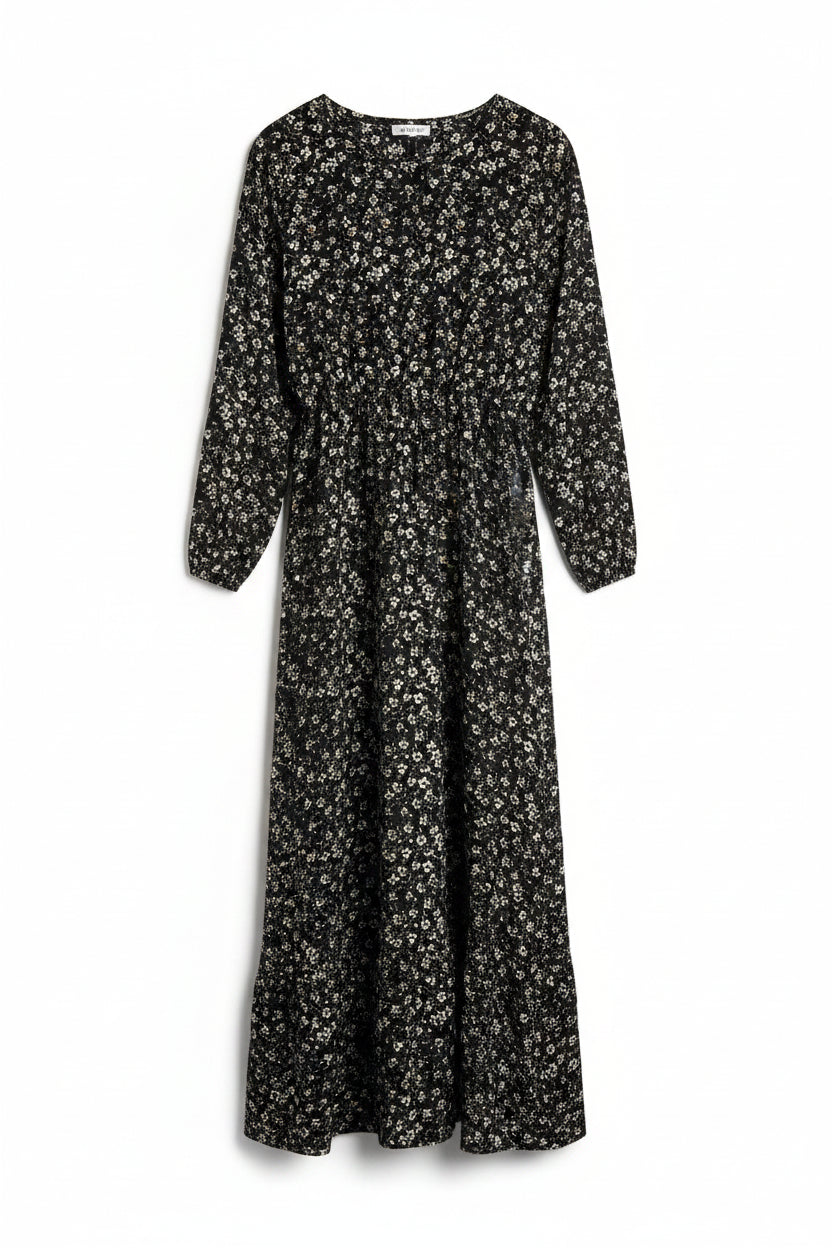 ® Medium | Bust: 18.5" | Black Floral | Maxi Dress | Poly - Cotton | B1 - 5173 - Genuine Maal