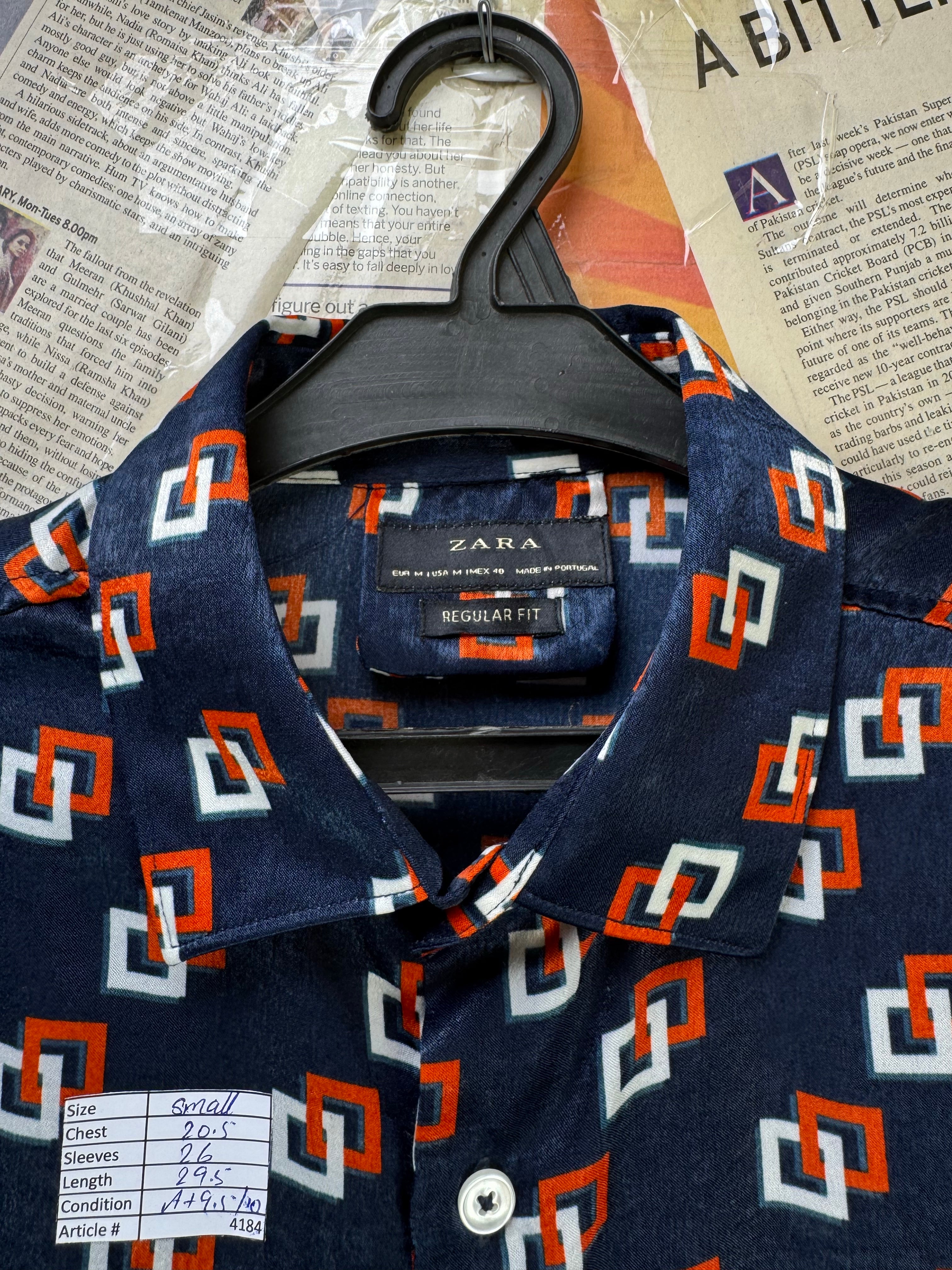 Zara® Small | Chest: 20.5" | Navy Blue with Print | Shirt | Polyester | 4184 - Genuine Maal