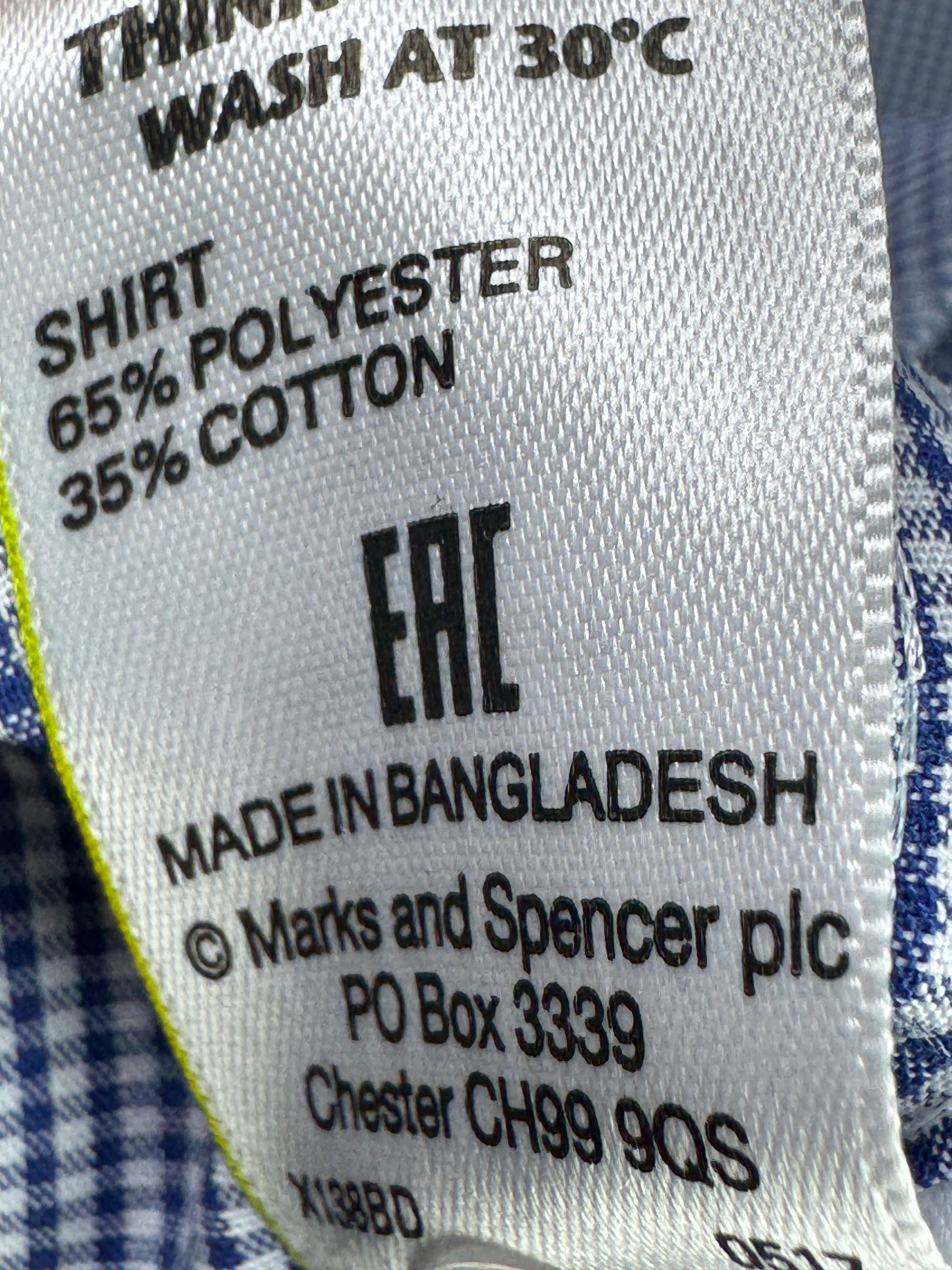 M&S® XXL | Chest: 26.5" | Blue&White Pin Check | Shirt | Poly - Cotton | 4034 - Genuine Maal
