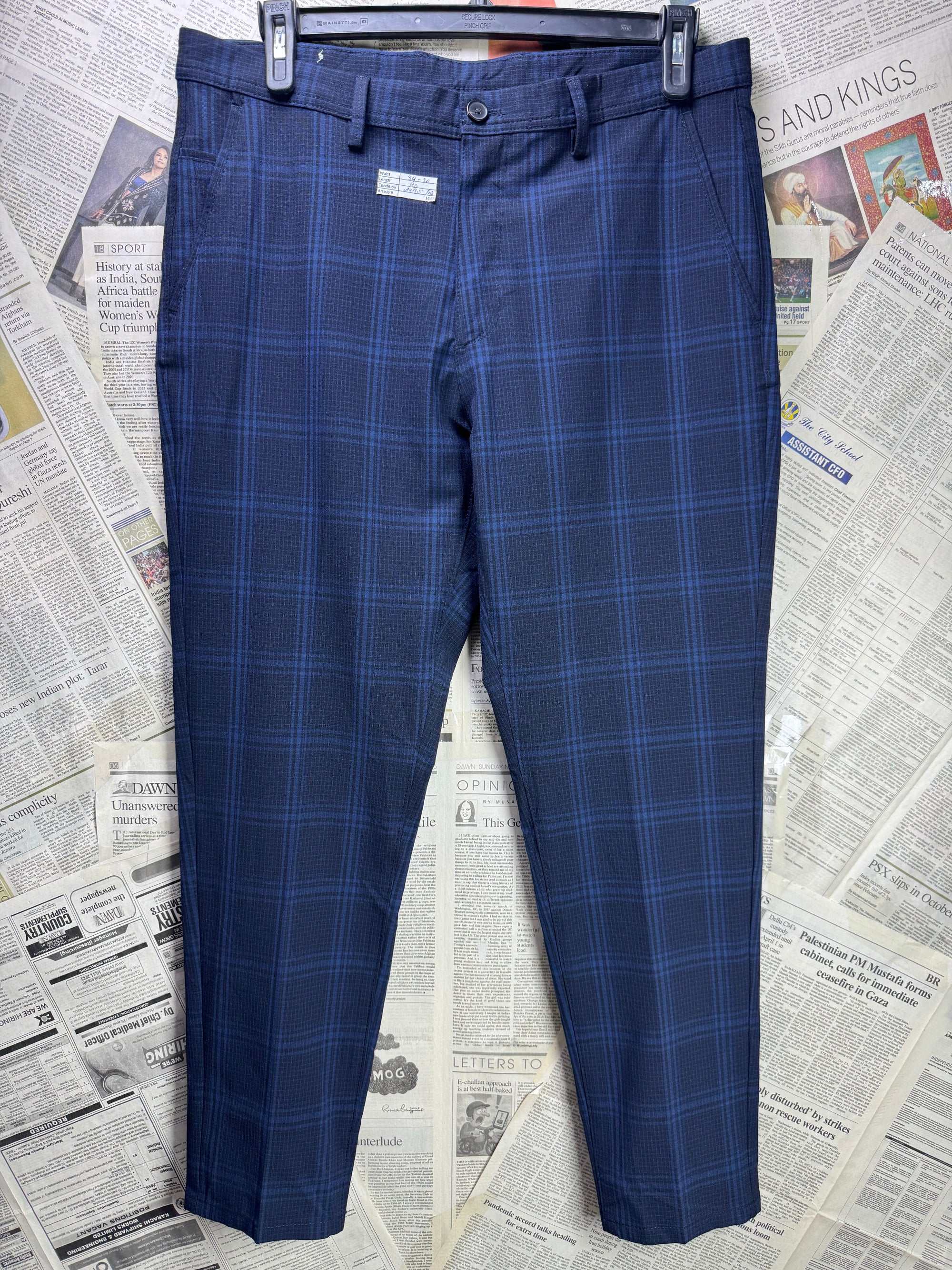 Zara® Waist: 34" to 36" | Navy Blue Plaid | Semi Formal Pants | Poly - Visc - Elastane | 1443 - Genuine Maal
