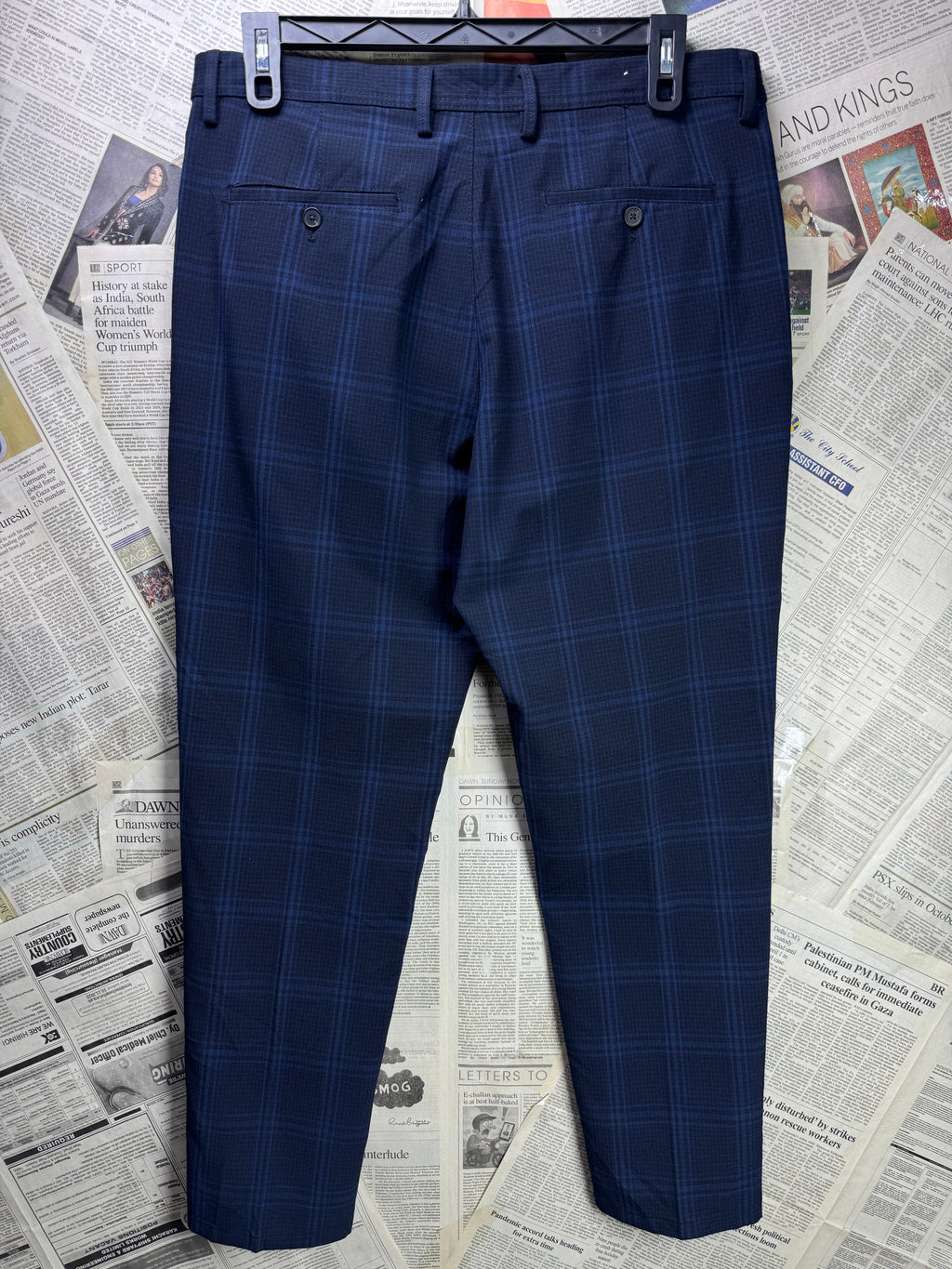 Zara® Waist: 34" to 36" | Navy Blue Plaid | Semi Formal Pants | Poly - Visc - Elastane | 1443 - Genuine Maal