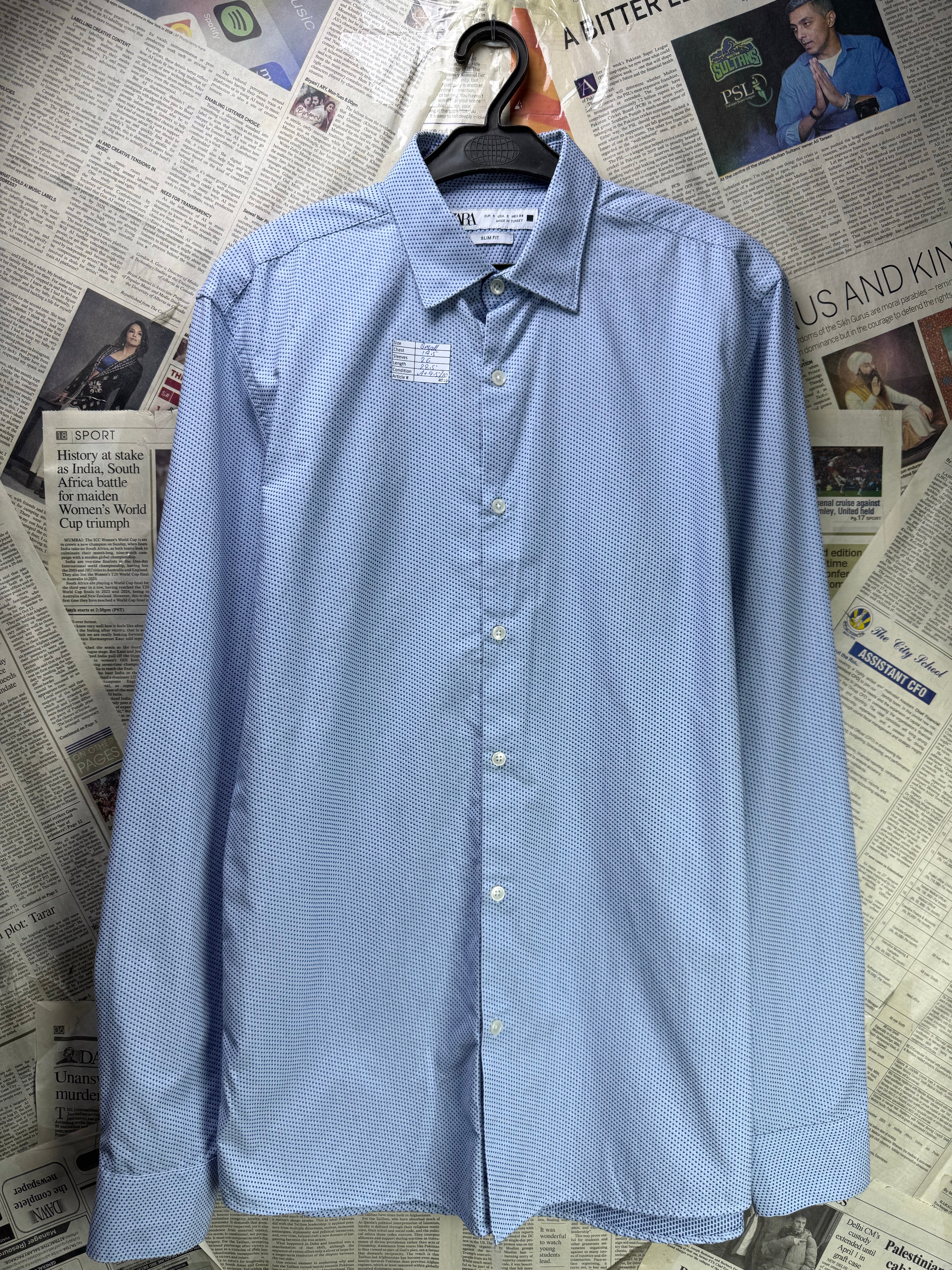 Zara® Small | Chest: 19.5" | Ligth Blue with Black Polka Dots | Shirt | Cotton - Poly | 4018 - Genuine Maal