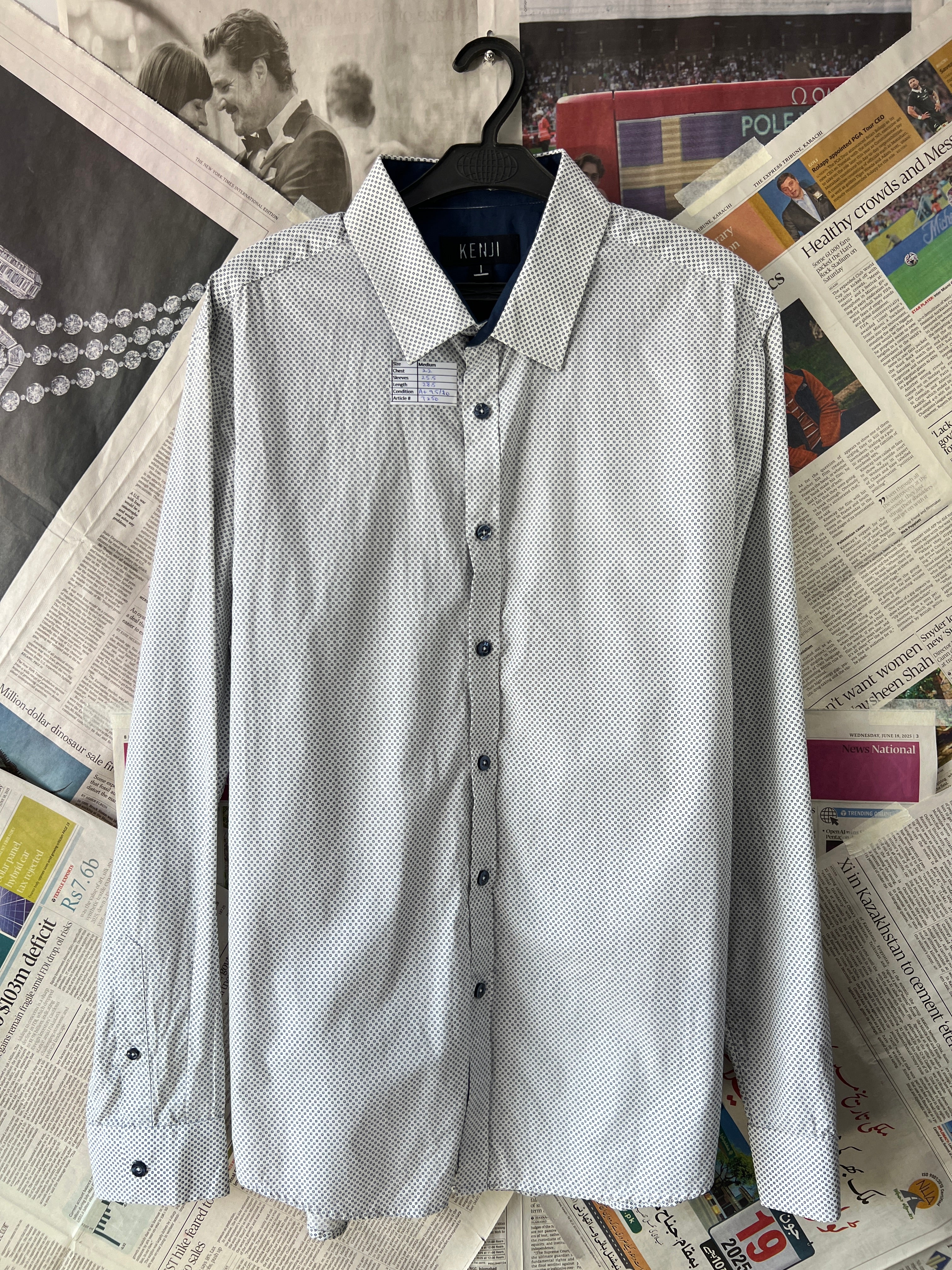 Kenji® Medium | Chest: 22" | White with Blue Geometric Pattern | Shirt | Cotton | 250 - Genuine Maal