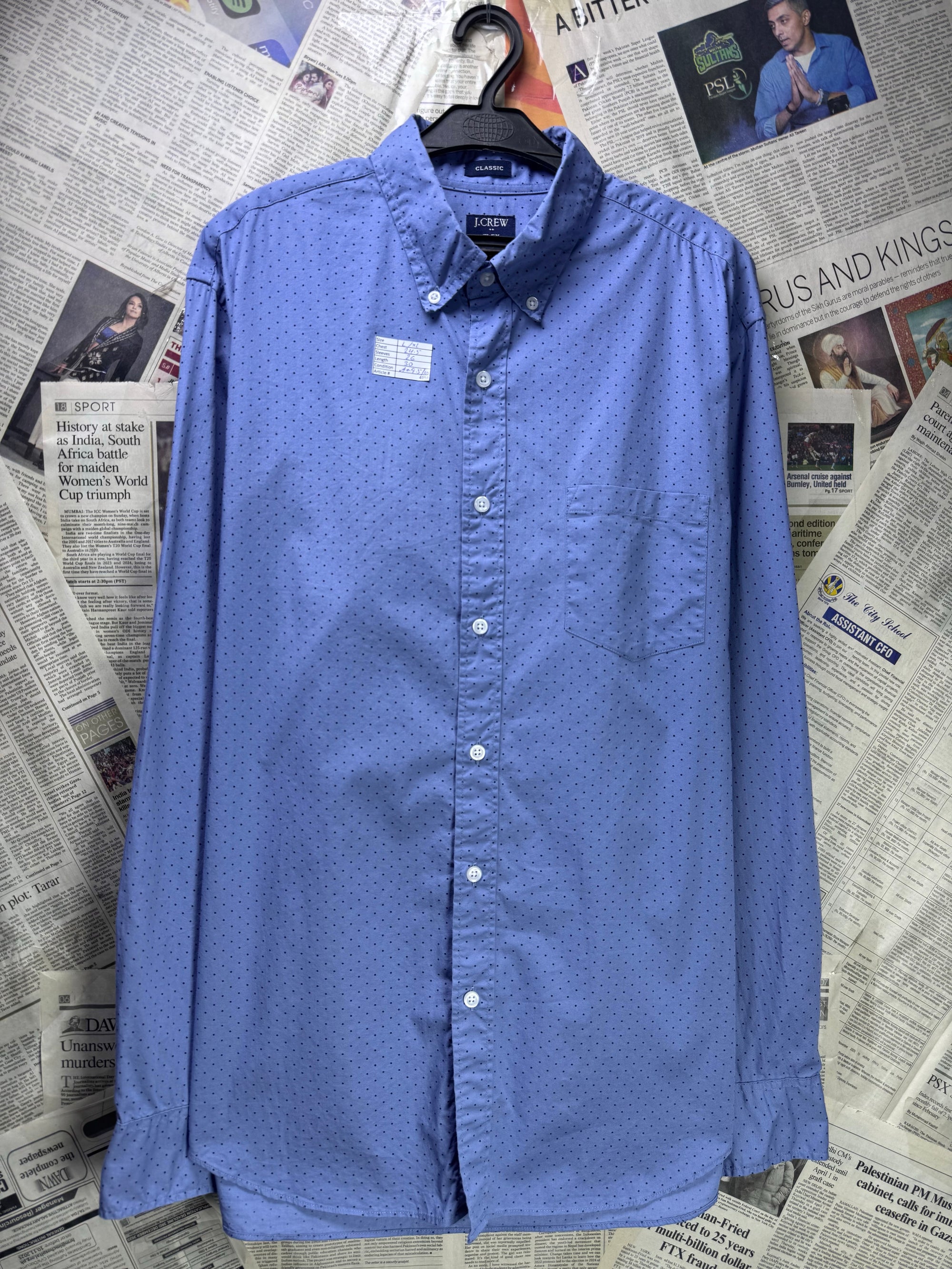 J.Crew® L/XL | Chest: 24.5" | Blue with Polka Dots | Shirt | Cotton - Elastane | 4198 - Genuine Maal