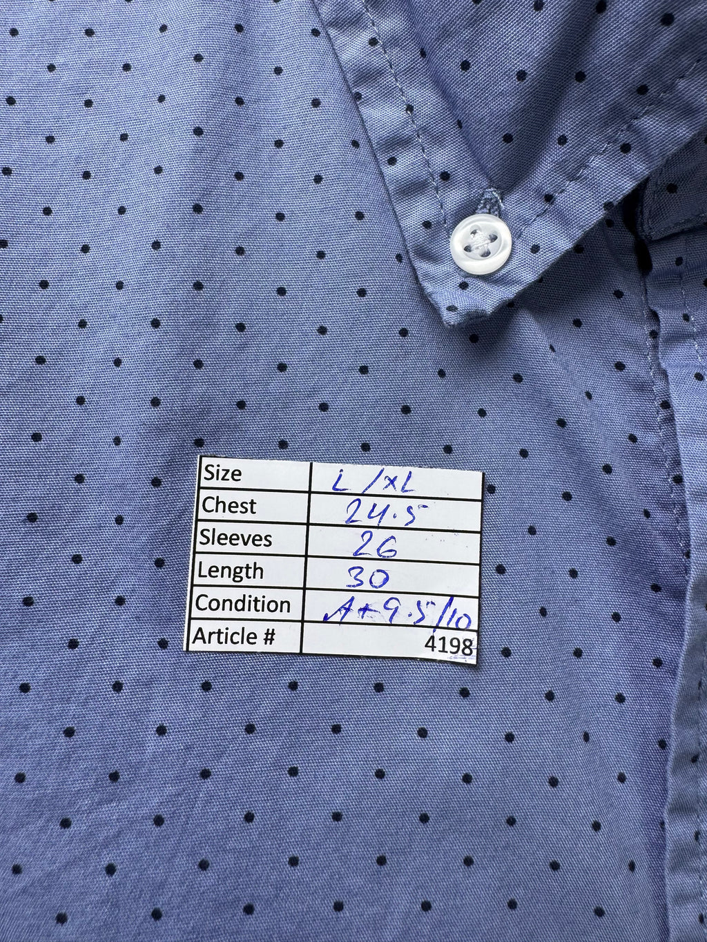 J.Crew® L/XL | Chest: 24.5" | Blue with Polka Dots | Shirt | Cotton - Elastane | 4198 - Genuine Maal