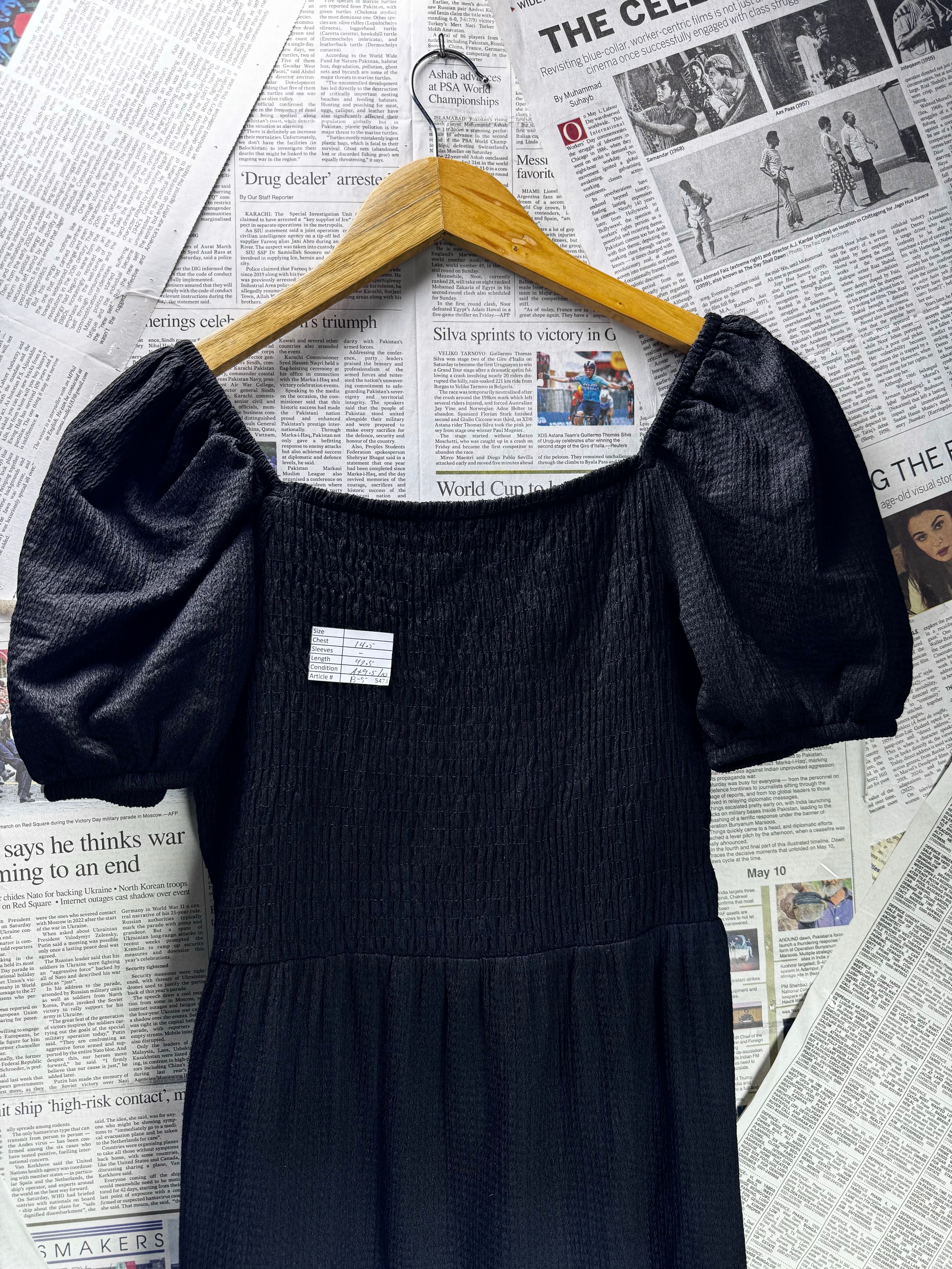 F&F® XS | Bust: 14.5" | Solid Jet Black - Seersucker | Midi Dress | B4 - 5473 - Genuine Maal