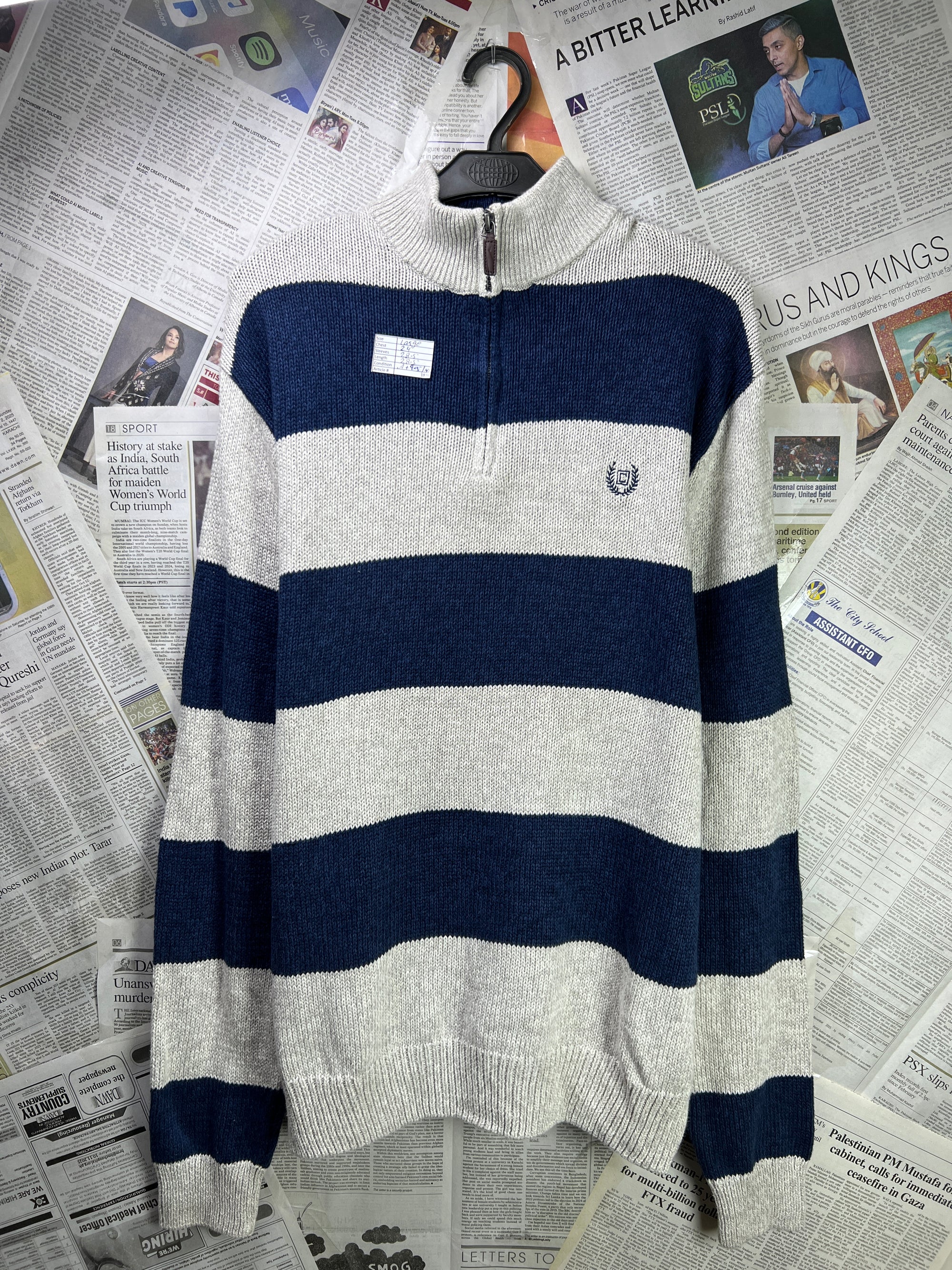 CHAPS® Large | Chest: 24" | Beige & Blue | Knit Quarter Zip Sweater | Cotton | 1836 - Genuine Maal