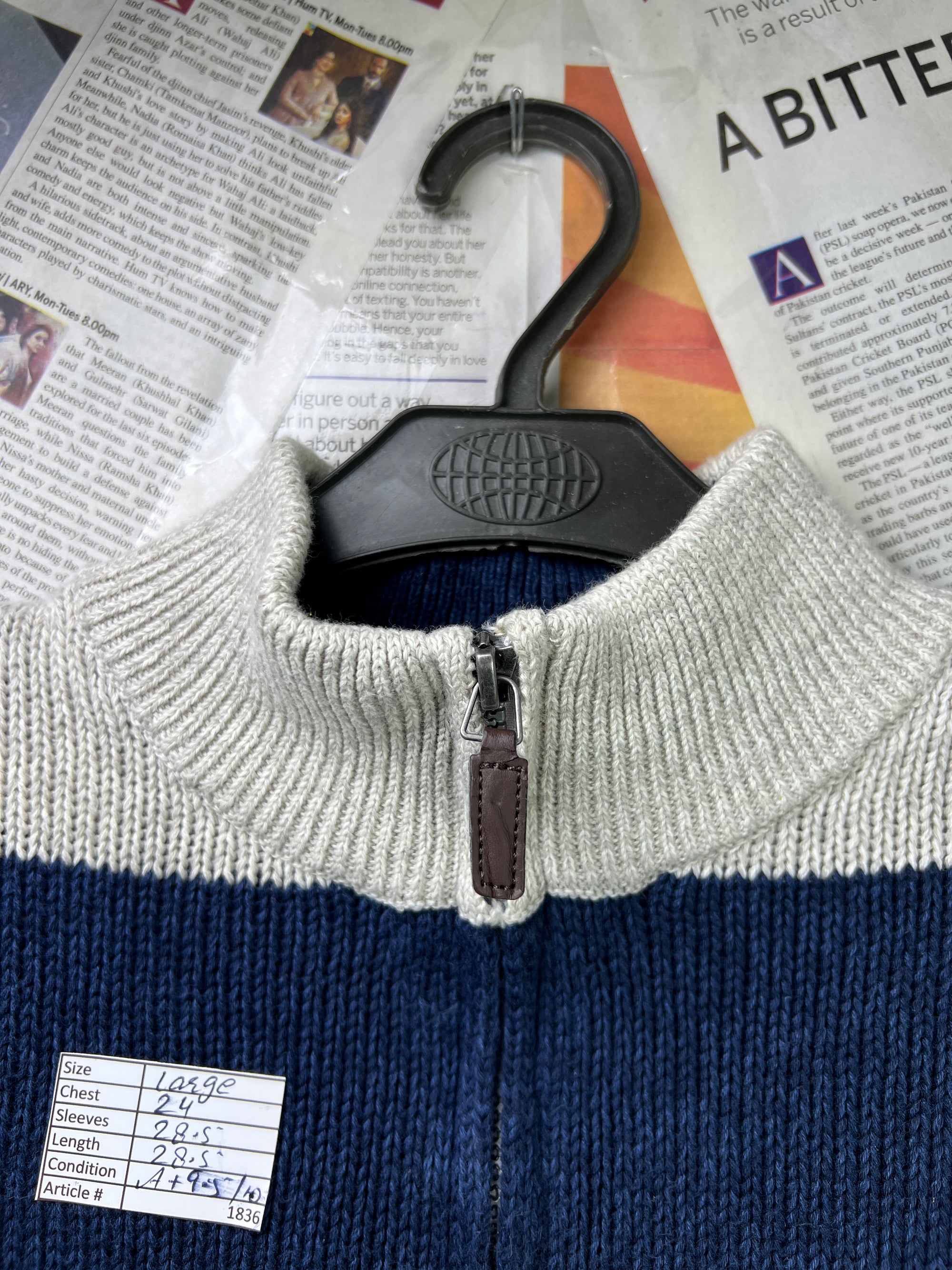 CHAPS® Large | Chest: 24" | Beige & Blue | Knit Quarter Zip Sweater | Cotton | 1836 - Genuine Maal