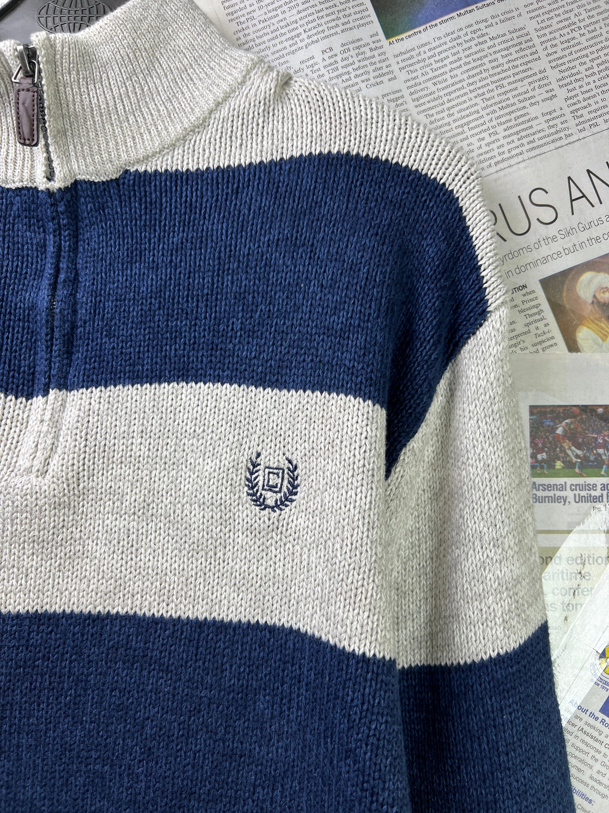 CHAPS® Large | Chest: 24" | Beige & Blue | Knit Quarter Zip Sweater | Cotton | 1836 - Genuine Maal