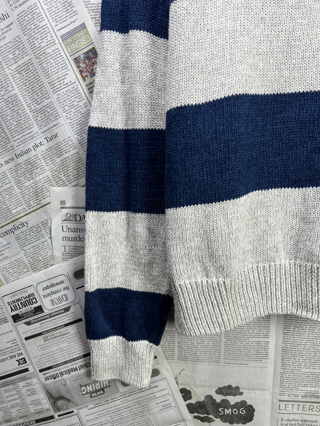 CHAPS® Large | Chest: 24" | Beige & Blue | Knit Quarter Zip Sweater | Cotton | 1836 - Genuine Maal