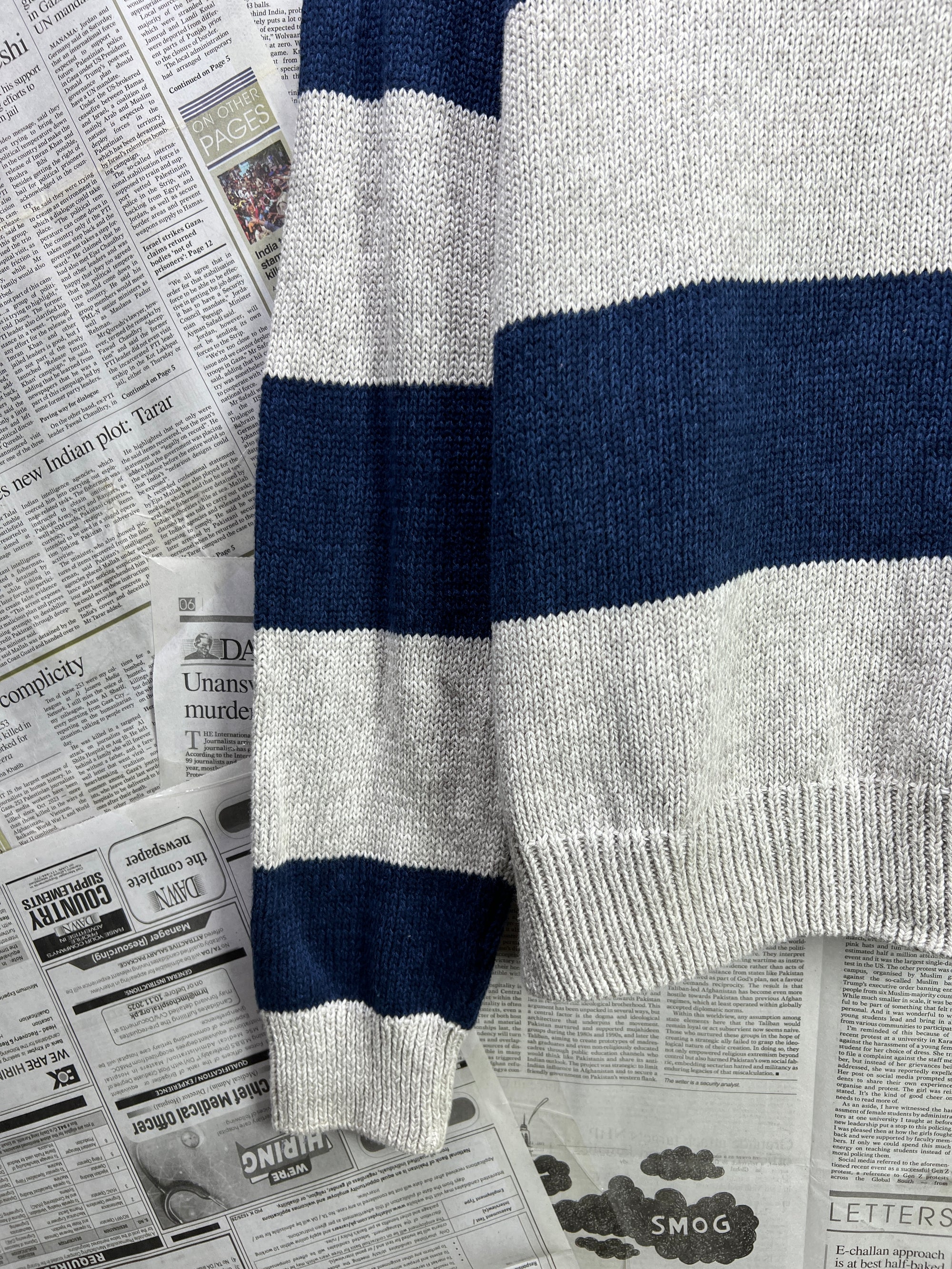 CHAPS® Large | Chest: 24" | Beige & Blue | Knit Quarter Zip Sweater | Cotton | 1836 - Genuine Maal