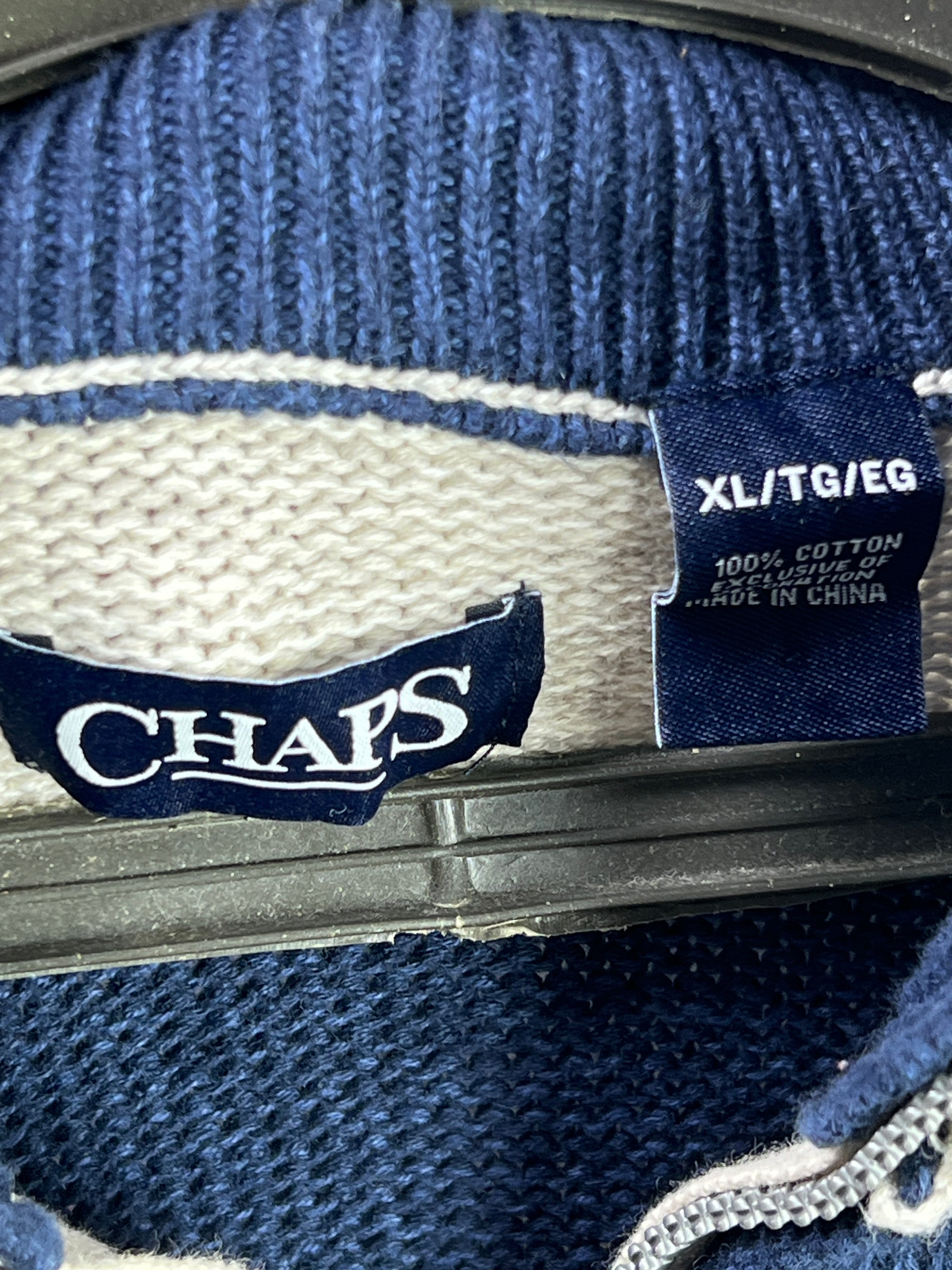 CHAPS® Large | Chest: 24" | Beige & Blue | Knit Quarter Zip Sweater | Cotton | 1836 - Genuine Maal